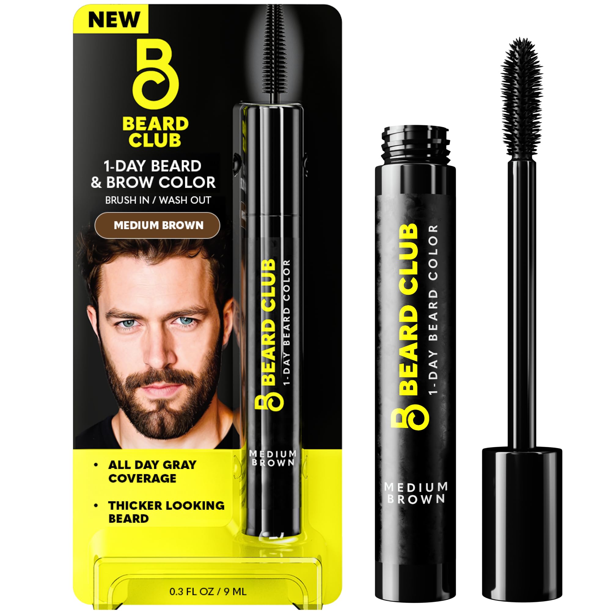 The Beard Club 1 Day Temporary Beard Dye for Men - Medium Brown Beard, Mustache & Eyebrow Color for a Fuller, Well-Defined Look, Water & Sweat Resistant, Up to 30 Applications, 0.3 fl oz