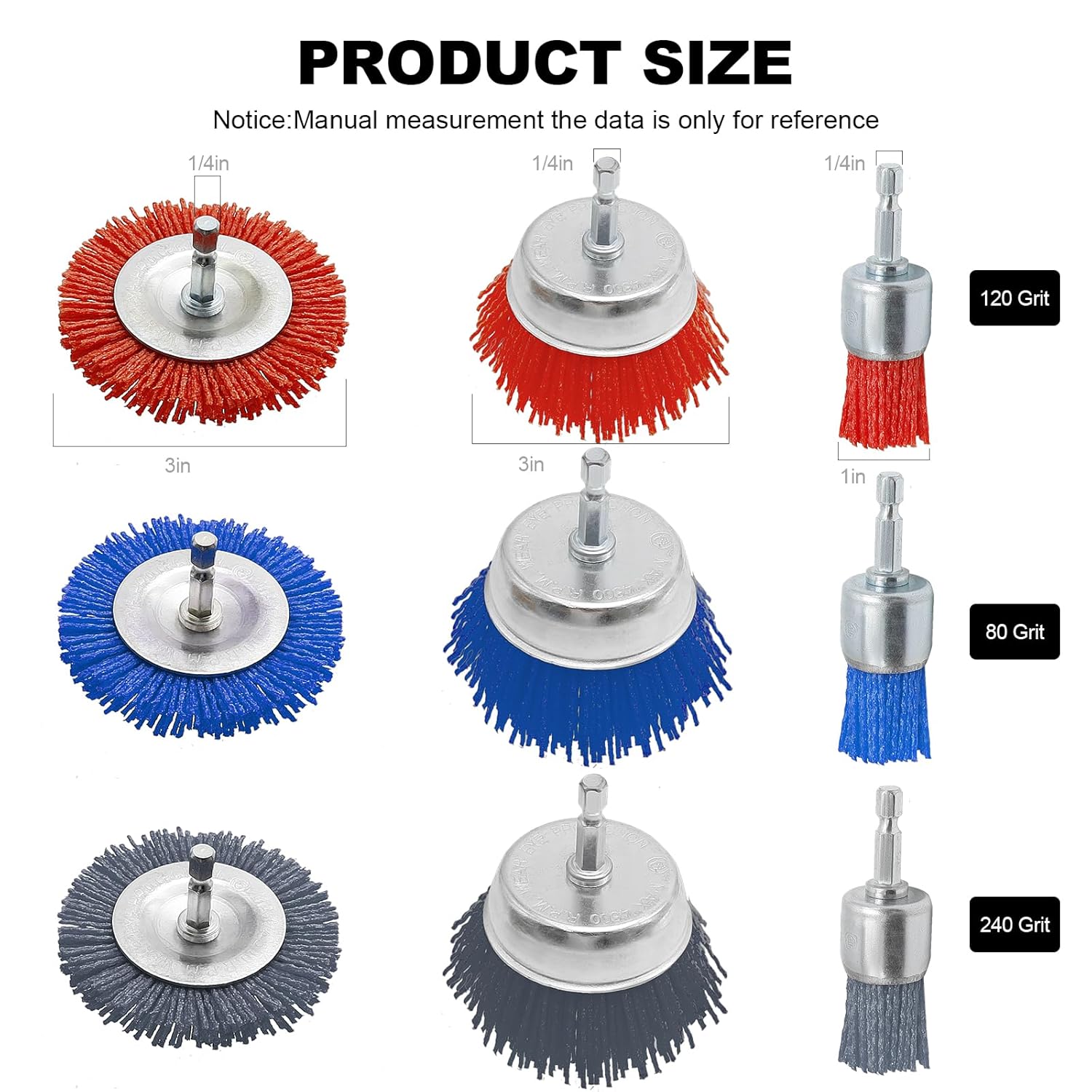 9Pcs Nylon Filament Abrasive Wire Brush Wheel & Cup Brush Set with 1/4 Inch Hex Shank 3 Sizes and Color Nylon Drill Brush Set Remove Rust, Corrosion, Paint, 80 Grit, 120 Grit, 240 Grit