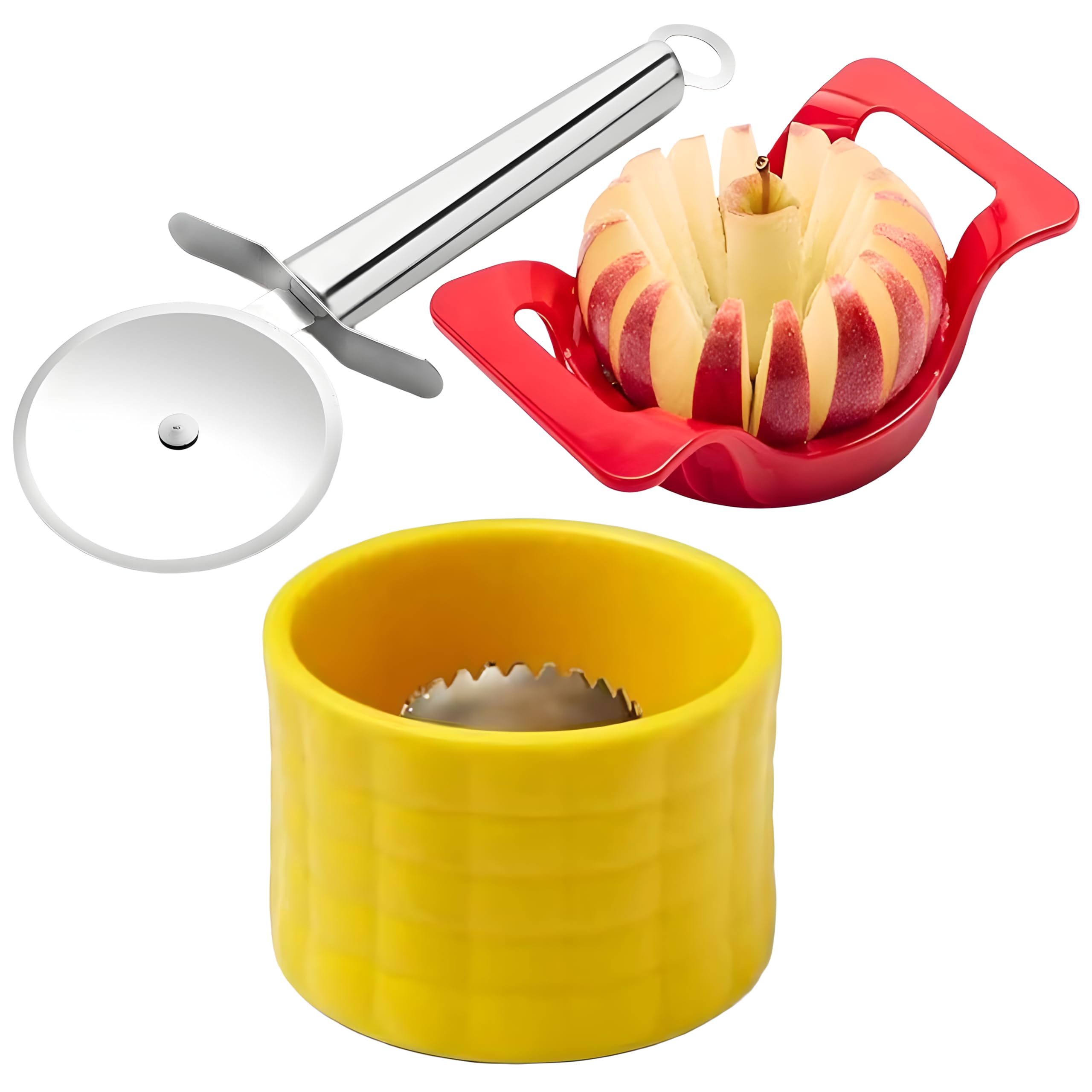 TRADETEX Stainless Steel Pizza Cutter Apple Slicer, Corer, Cutter Corn Cutter, Stripping Kernels Remover