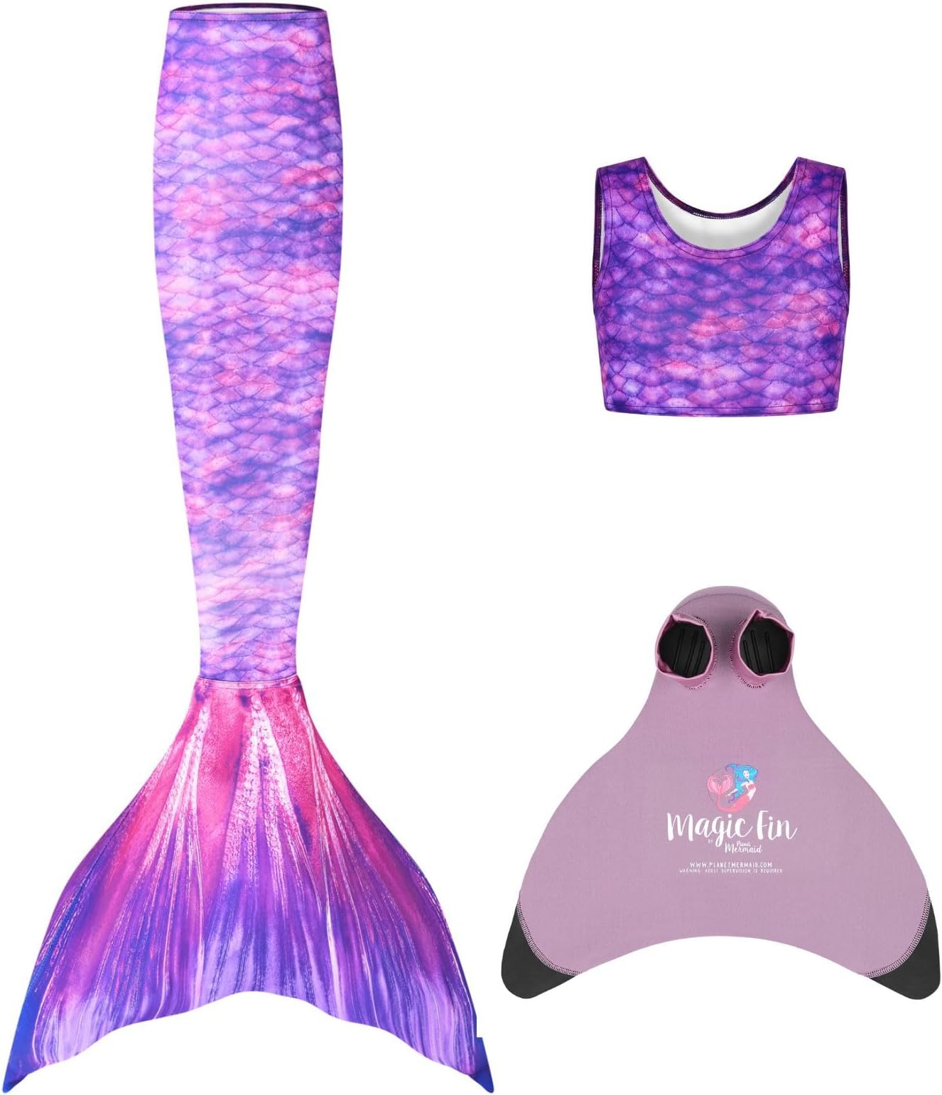 Planet Mermaid Girls Kids 3 Piece Vivid Colour Swimming Mermaid Tail, Crop Top & Wear-Resistant Magic Fin Monofin (Included)