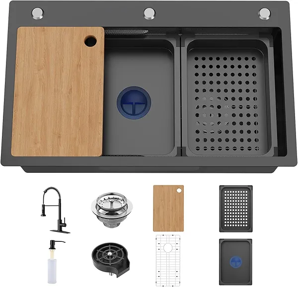29.5x17.7In Black Kitchen Sink Workstation-Stainless Steel Drop In Single Bowl Double-Ledge Topmount All-in-one Workstation Sink With Faucet,Colander,SS Grid,Cutting Board,Cup Washer,Soap Dispenser