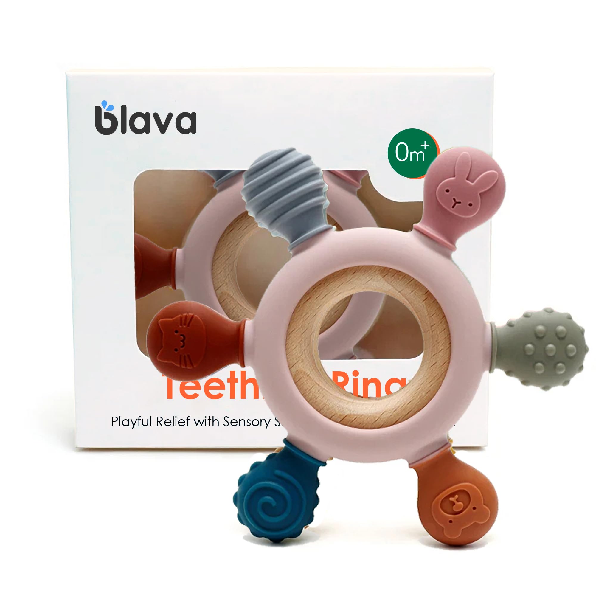 BLAVA Mordedor Bebe | Alivia Dolor de Dientes y Ansiedad | Mordedores bebes 3-6meses con Texturas Sensoriales | Juguete Bebe 0-3 Meses hecho de Silicona Hipoalergénica y Madera Apto en Frío, Sin BPA