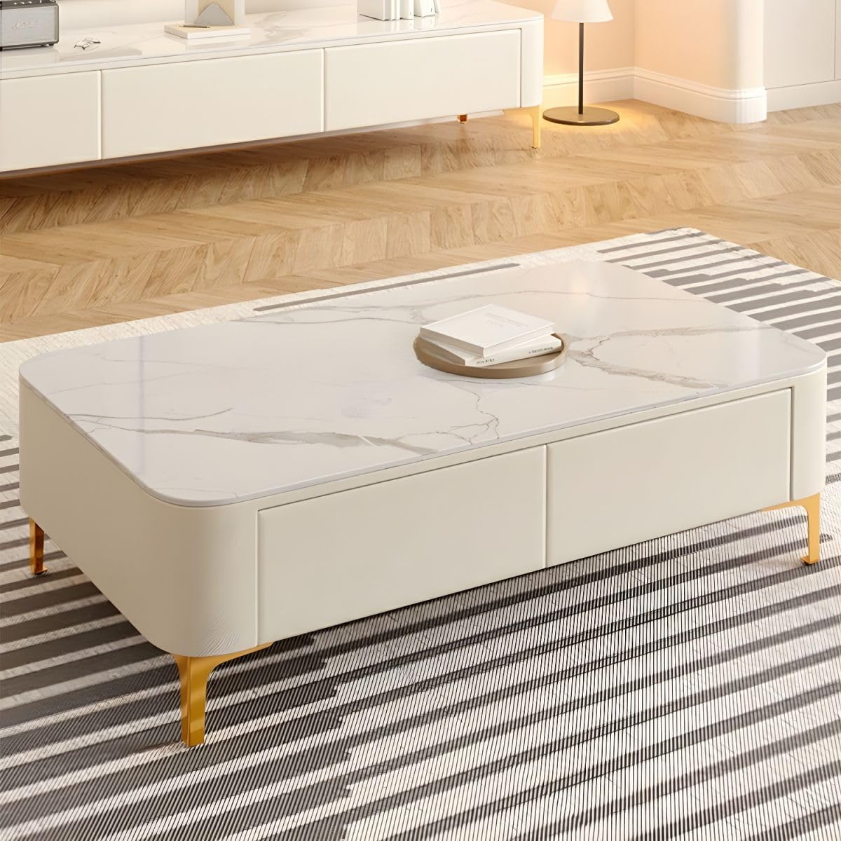 Furo Premium Marble-Top Wooden Center Table for Living Room | PVD Coating Iron Legs| Modern Entryway Furniture | Coffee Table - 42x24x17 Inch-picture-10
