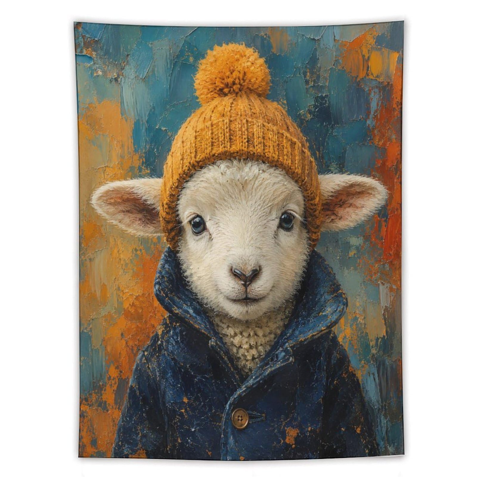 H3B8U2Y5 Lamb Winter Hat Portrait Wall Tapestry, Realistic Illustration