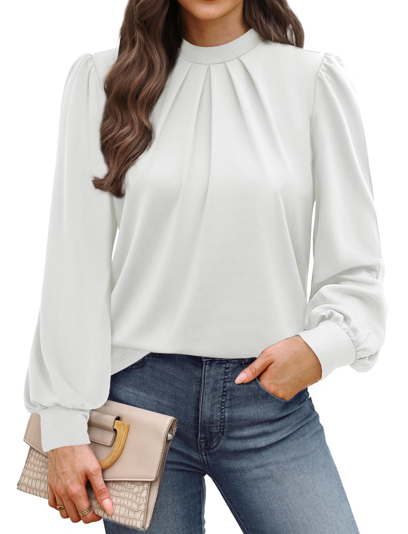 WIHOLL Long Sleeve Shirts for Women Mock Neck Tops Pleated Front Blouses Dressy Casual Spring Fall Clothes 2026