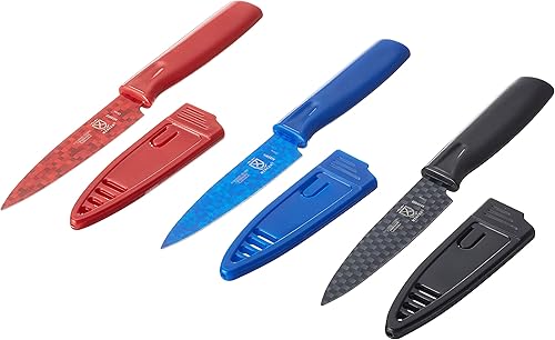 Miniatura 2 de Mercer Culinary Cuchillos de pelar antiadherentes con fundas ABS, 4 pulgadas, rojoazulnegro, paquete de 3