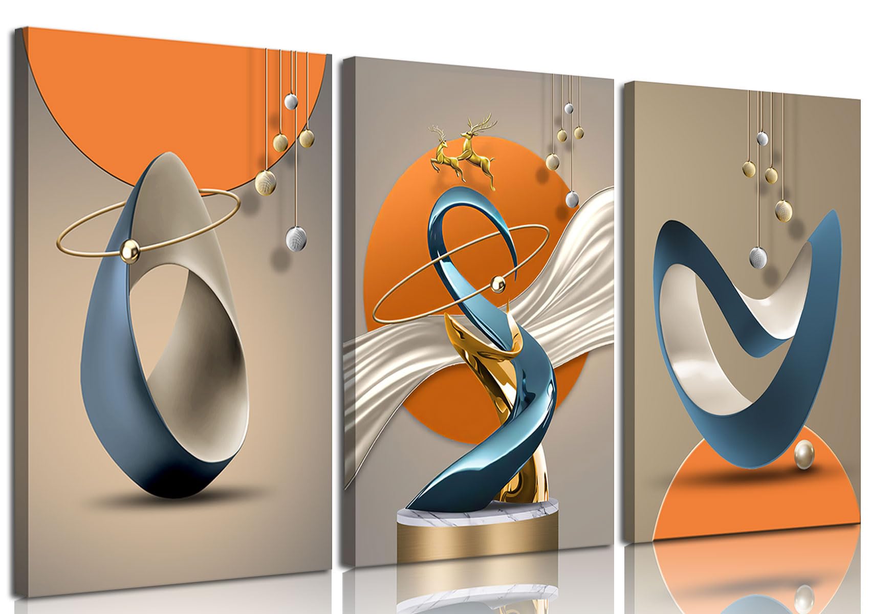 3 Pcs Modern Abstract Canvas Wall art Golden Deer Luxury Foil Lines Paintings Pictures Wall Decoration White Blue orange color Grey posters Prints for Living Room Bedroom Office Home Decoration