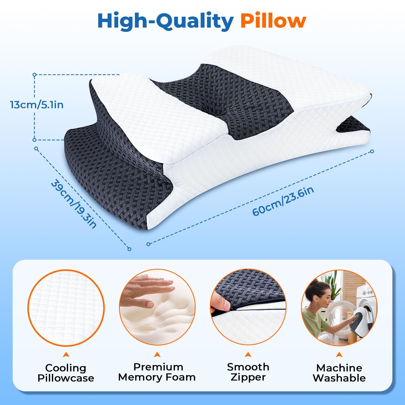 SAHEYER Cuscino Cervicale Ergonomico per il Collo, Cuscino in memory foam, Cuscino Ortopedico per chi dorme di lato, sulla schiena e sulla pancia, Grigio, 60x39x11/9cm