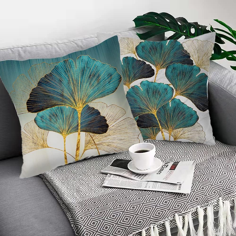 Throw Pillow Cover Green Plant Leaves - 18 x 18 Inch Teal Pillow Cushion Cover - Set of 2 Turquoise Ginkgo Leaf Cushion Case, Great for Sofa, Bedroom, Yard, Living Room Decor Teal and Gold 18 x 18-Inch