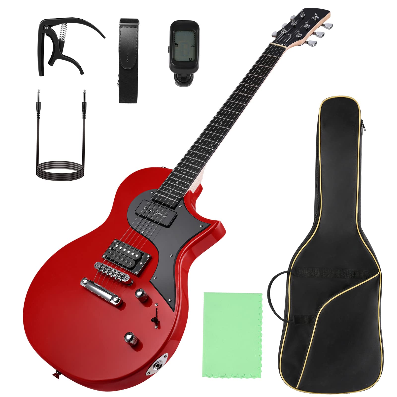 Electric Guitar Beginner Guitar 40.2 Inch Solid Poplar Body Maple Neck Laurel Fingerboard HH Pickups Les Paul Style with Gig Bag Tuner Capo (Color Options) (Red)