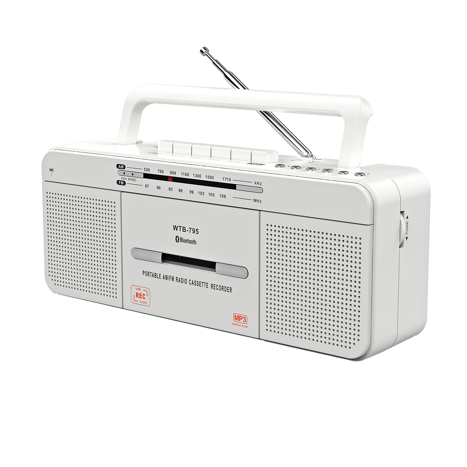 Lettore di cassette audio portatile con Bluetooth, USB e radio stereo AM/FM, microfono integrato per registrazione USB Conversione MP3, doppi altoparlanti, uso interno o esterno