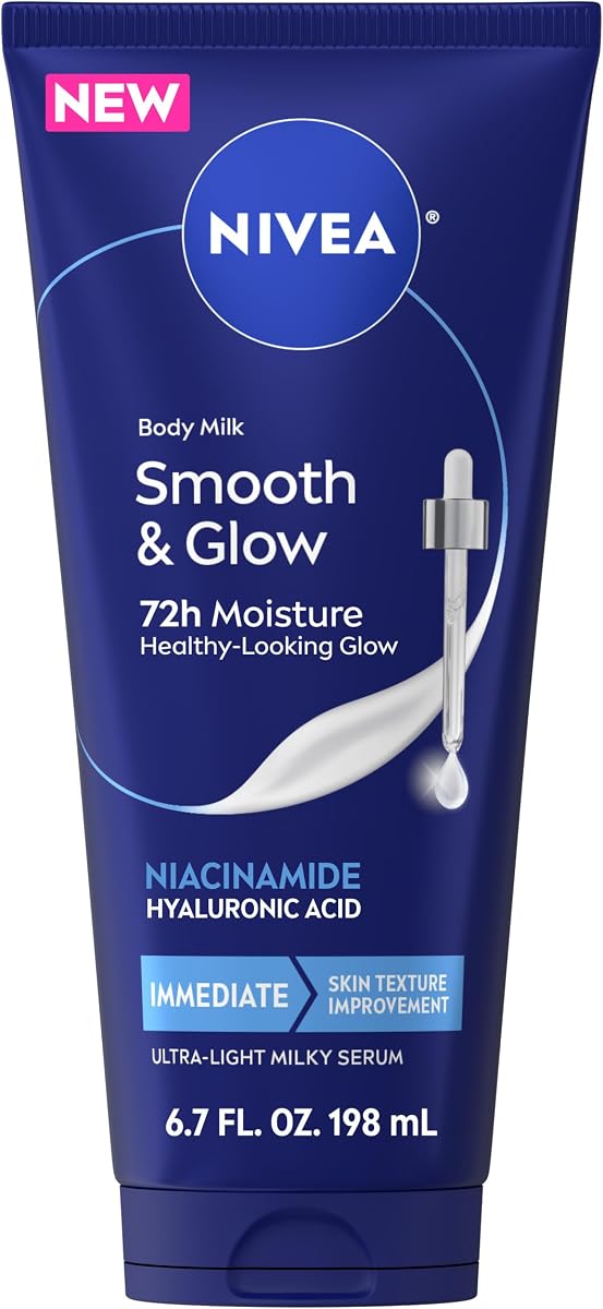 NIVEA Body Milk Smooth and Glow Ultra-Light Milky Serum, 6.7 FL OZ | Body Moisturizer Enriched with Niacinamide and Hyaluronic Acid, Immediate Skin Texture Improvement, 72-Hour Moisturizer