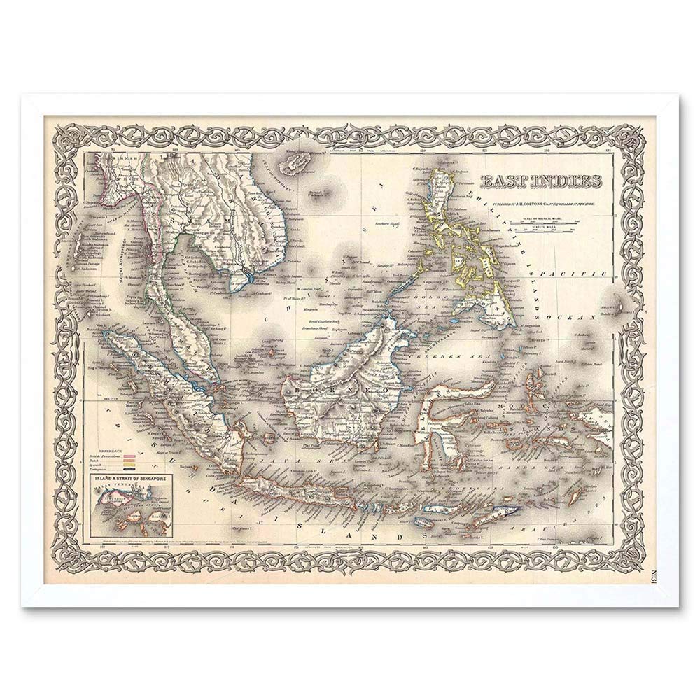 Wee Blue Coo 1855 Colton Map The East Dies Singapore Thailand Borneo Art Print Framed Poster Wall Decor 12X16 Inch