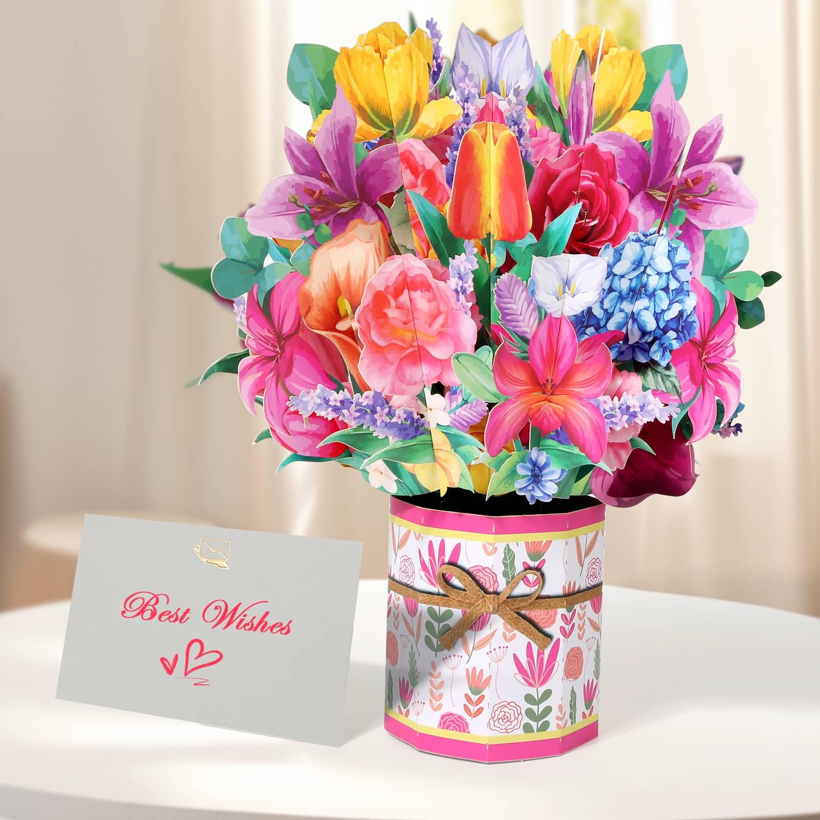 Tidponra Tarjeta de ramo emergente, tarjeta de felicitación de papel de flores 3D para mujer, papel artístico de lirio rosa, para cumpleaños y varias ocasiones, incluye sobre y tarjeta de notas