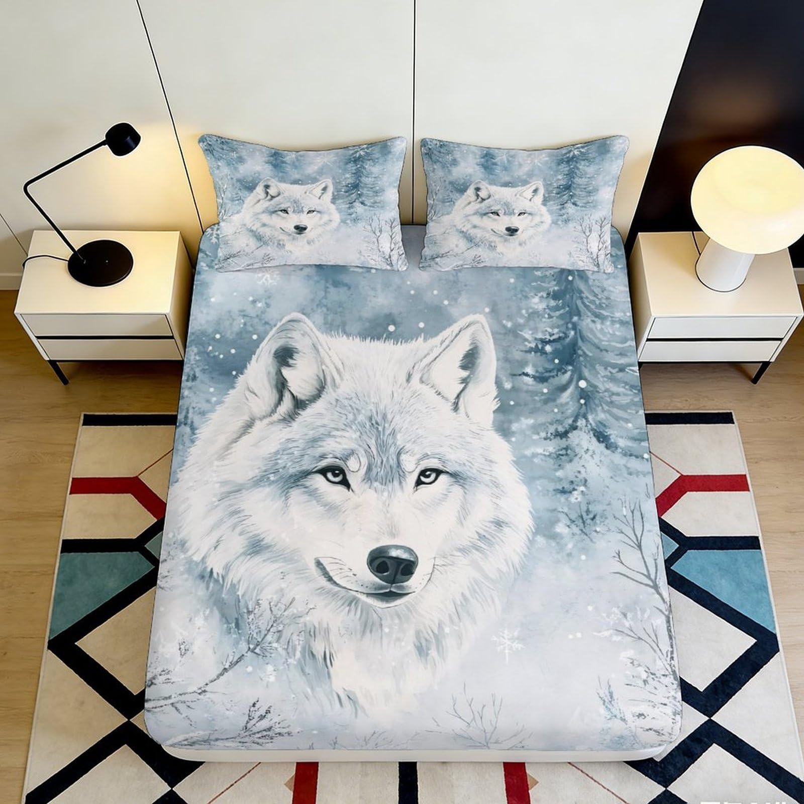 3D Printed White Wolf Snow Forest Fitted Sheet Microfiber Soft Anti-Slip Bed Cover for Bedroom Guest Room Decor 120x200x25cm