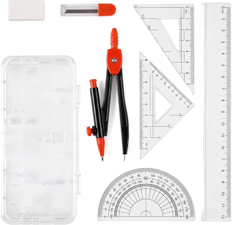 Kit de herramientas de dibujo geométrico con brújula, transportador, regla, triángulo, instrumentos de escritura y construcción resistente para aula y trabajo técnico, 7 piezas