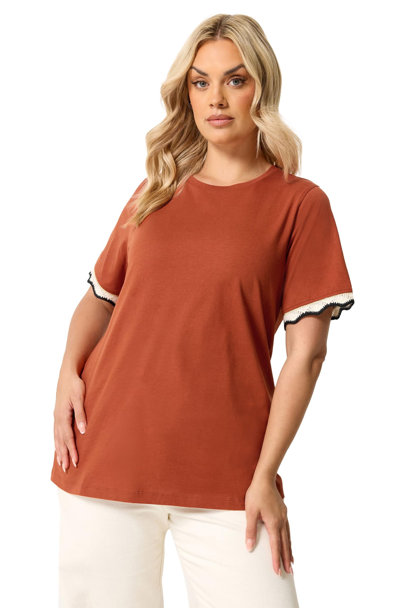 Yours Women's Burnt Orange Metallic Crochet Trim T-Shirt In | Size: 26-28