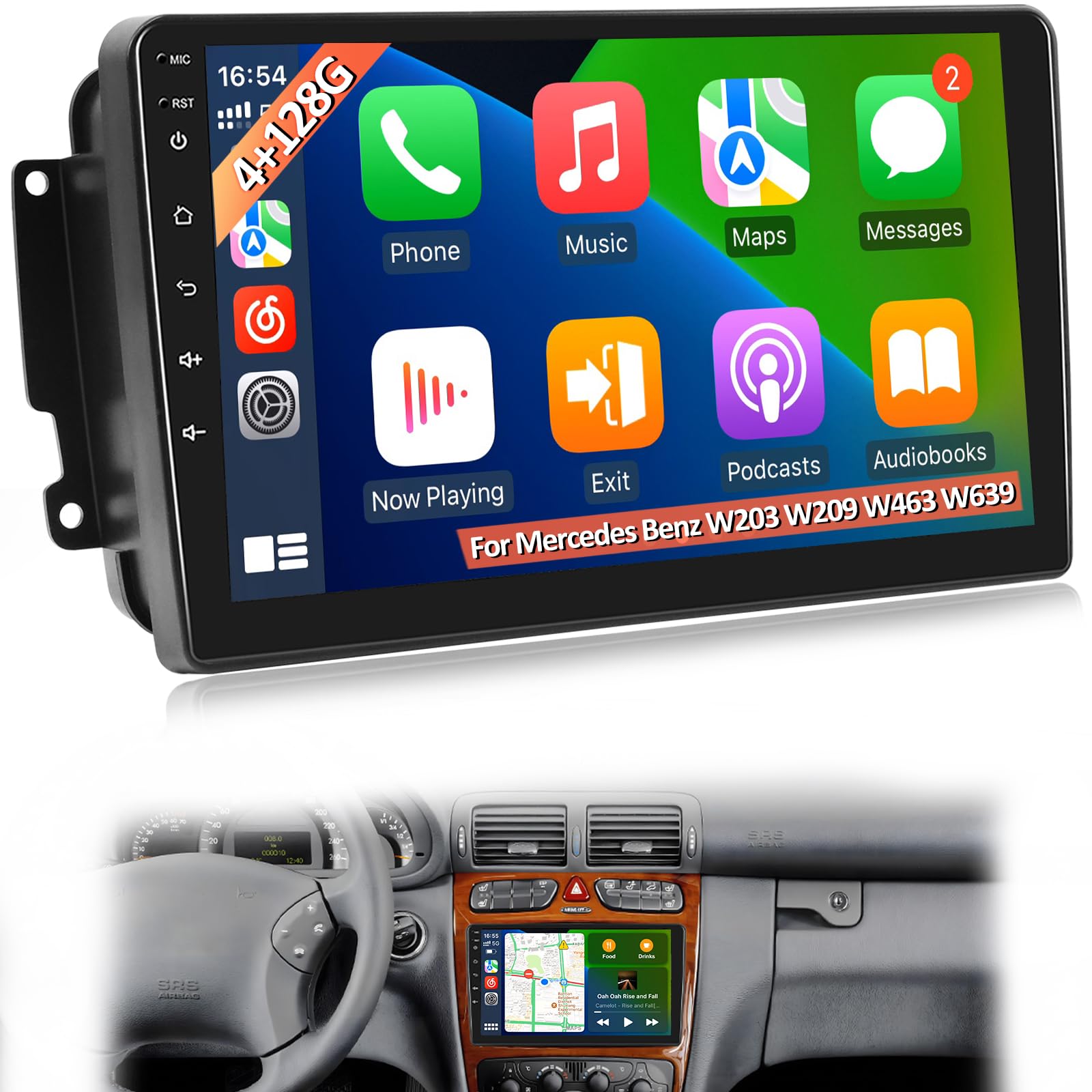 Photo 1 of 4GB+128GB Android Car Stereo for Mercedes Benz C-Class W203 CLK W209 G-Class W463 Viano Vito W639, Radio with Wireless CarPlay Android Auto, GPS WiFi Bluetooth, Backup Camera, Plug & Play