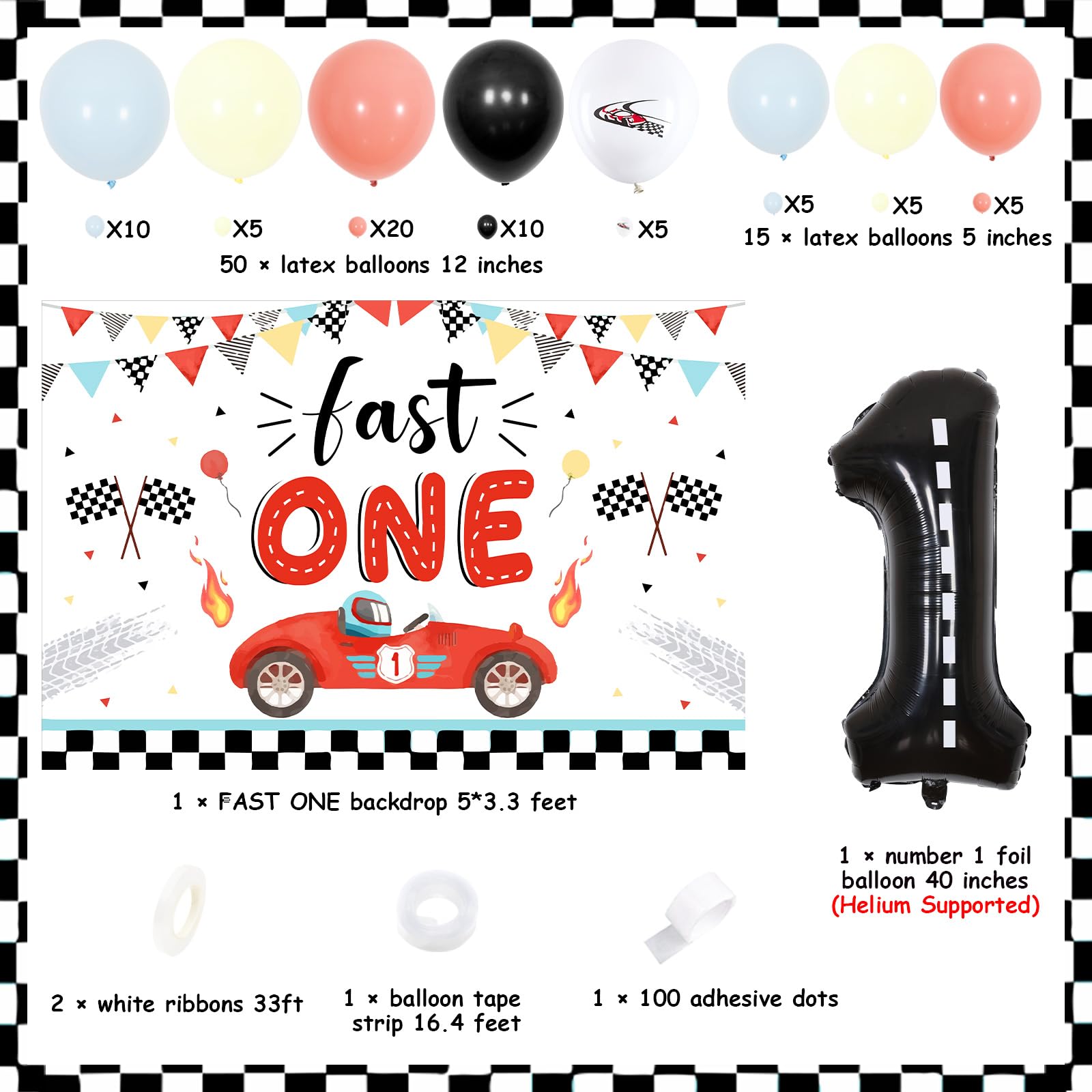 Fast One Birthday Party Decoraties, Vintage Race Car Ballonslinger Kit & Pastel Blauw Geel Snel Een Achtergrond met Geruite Vlag - Nummer 1 Wiel Ballonnen voor Jongen 1e Verjaardagsbenodigdheden