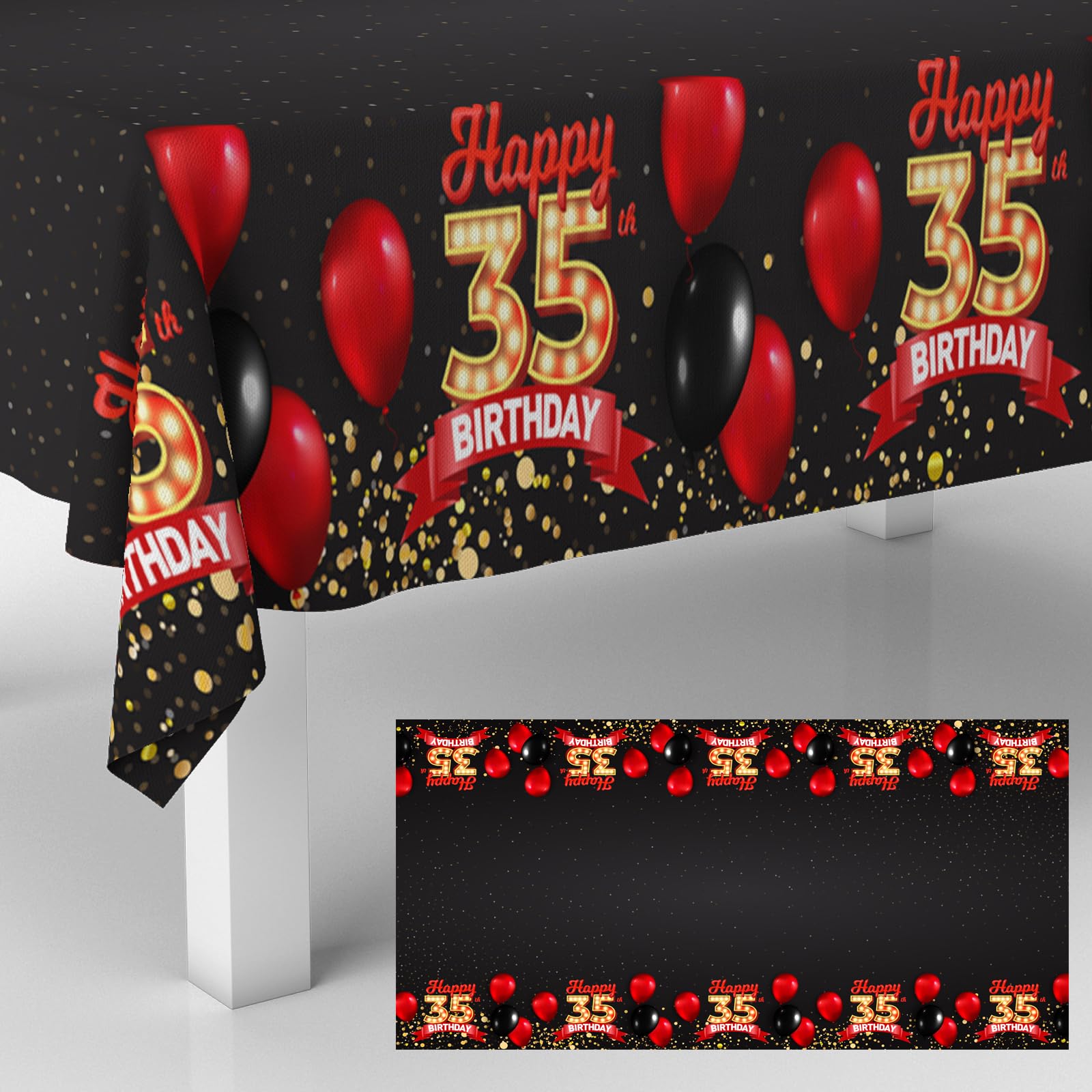 GZBJMYGS 35th Happy Birthday Tablecloth Black & Red Rectangle Table Cover Decorations for Men Women Cheer to 35 Years Old Birthday Party Supplies