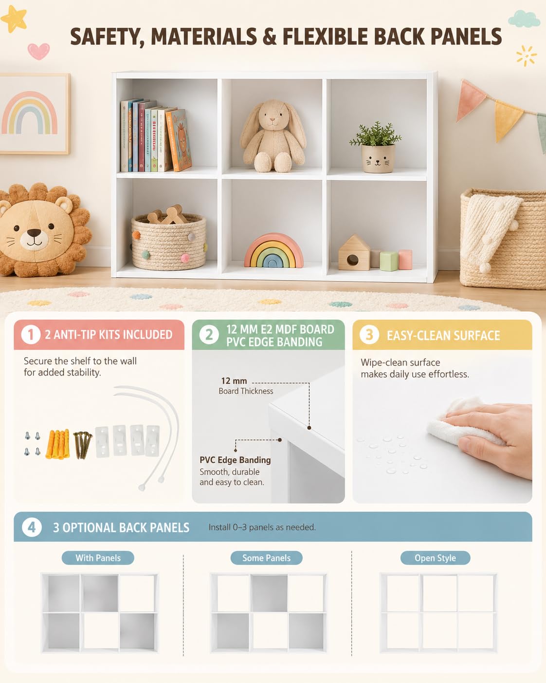 Mueble Organizador de Juguetes con 6 Cubos, Estantería Infantil Blanca para Libros, Peluches y Cajas, Almacenaje Montessori con 3 Paneles Traseros Desmontables, 92,5 x 29 x 62 cm