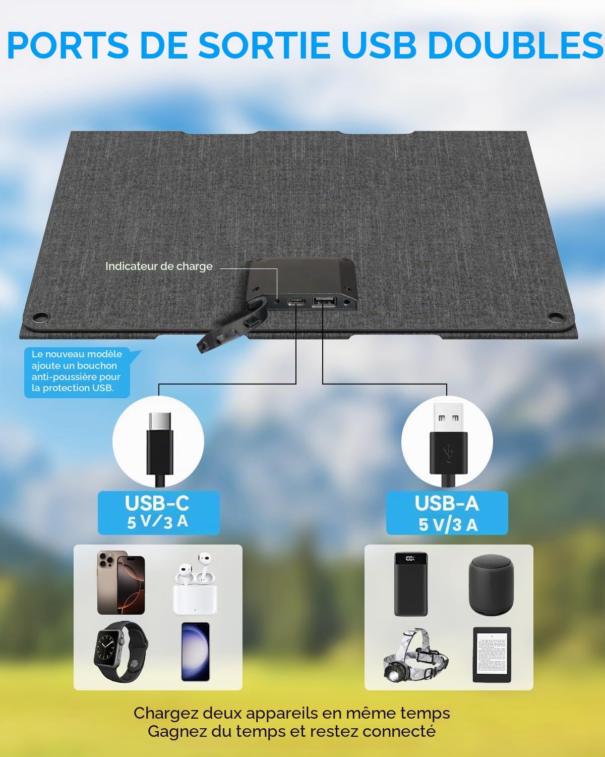 Ecosonique Panneau Solaire Pliable 30W Chargeur Solaire USB-A USB-C (5V3A) | Chargeur Solaire Pliable pour Téléphone Portable Appareil, Station d'alimentation pour le Camping, Compatible étanche IP67
