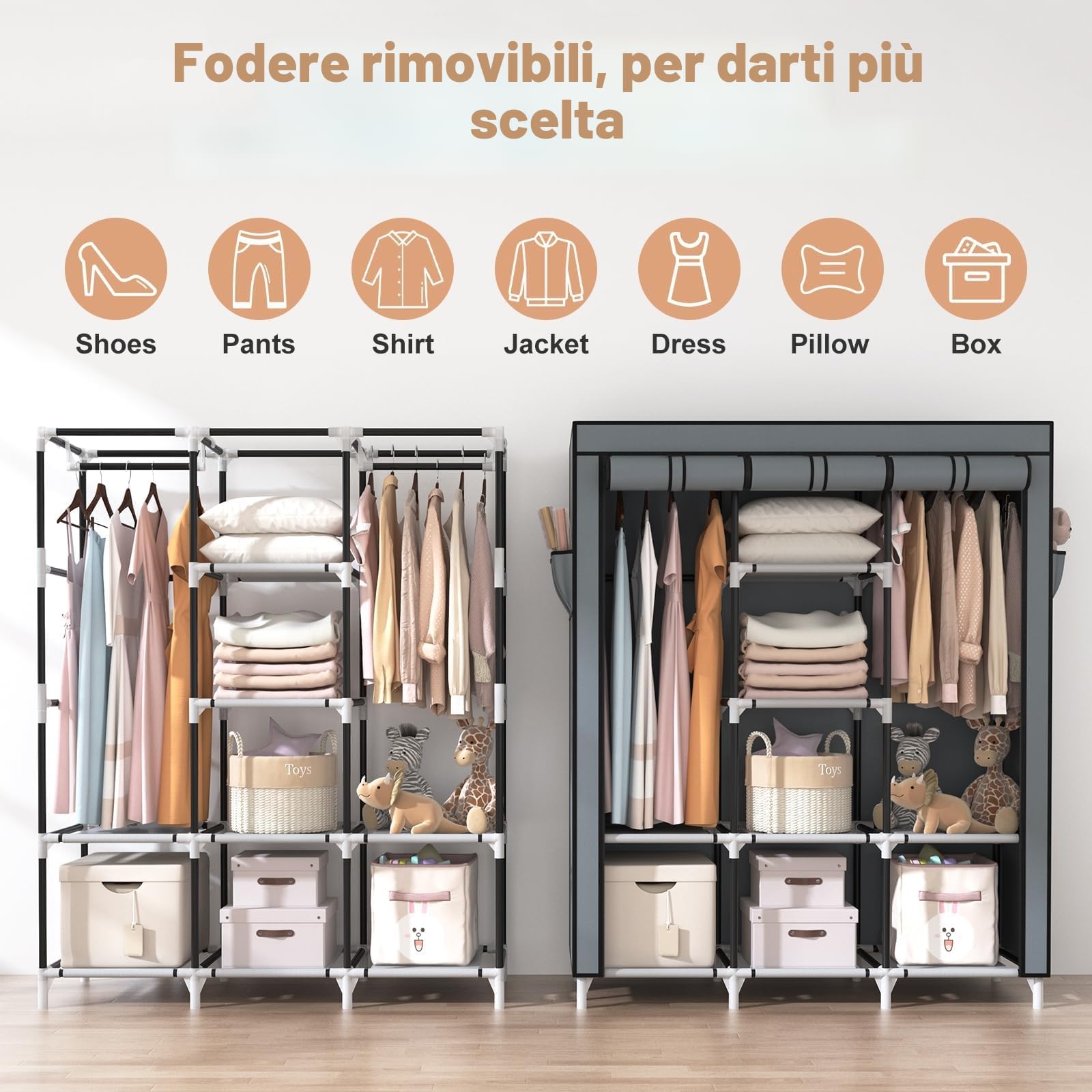 Vicye Armadio Guardaroba in Tessuto con 2 Barra Appendiabiti, 8 Ripiani e 4 Tasche Laterali, Armadio Portatile per Soggiorno, Camera da Letto, 124 x 42 x 162 cm, Grigio