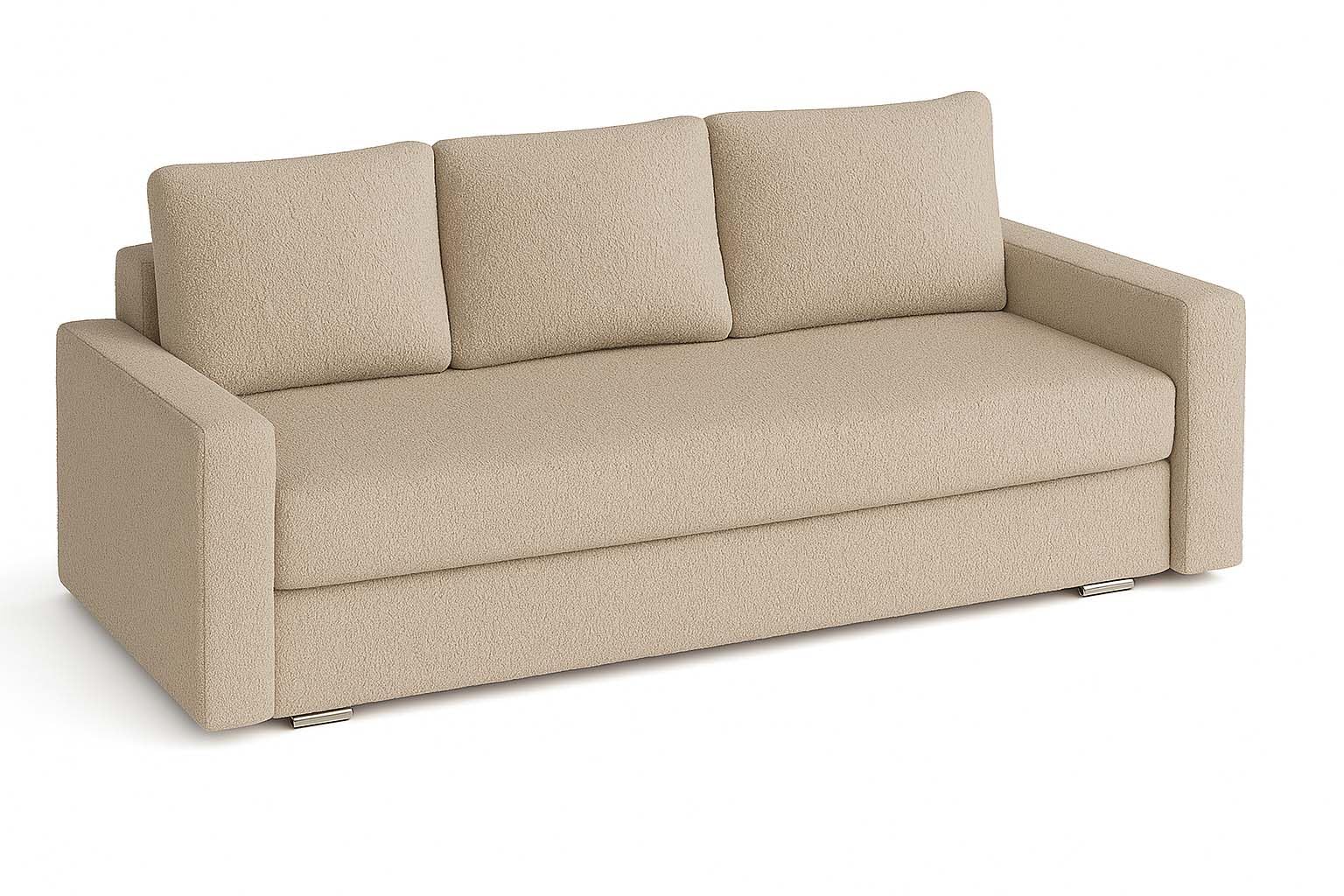 bonni24 Silver Schlafsofa 3-Sitzer aus Bouclé mit Bettkasten und Schlaffunktion, T30-Schaumstoff und Rollenmechanismus, Liegefläche 135 × 195 cm, Beige