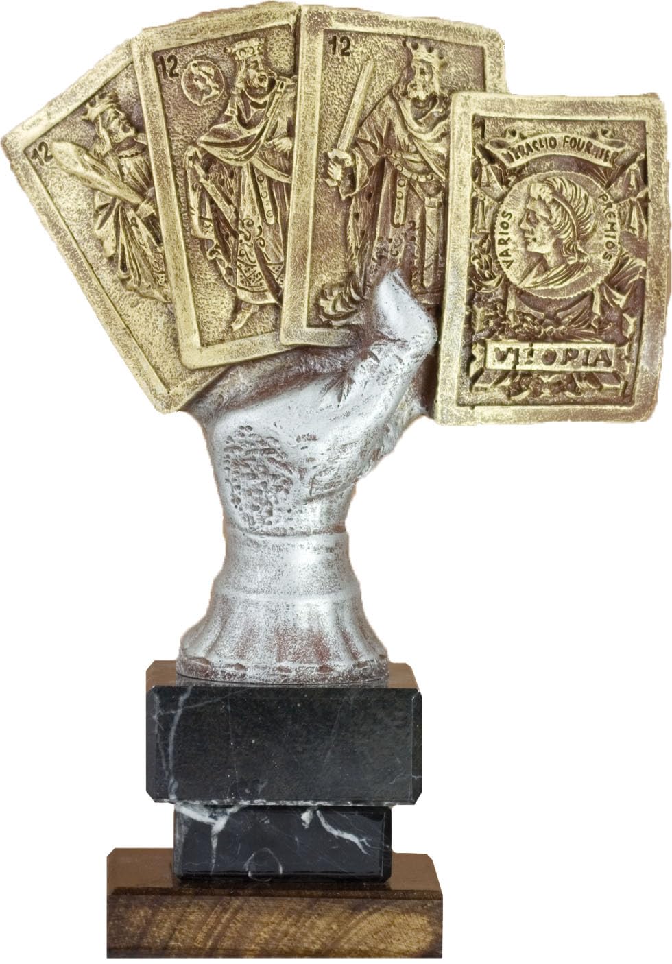 Trofeo Juego de Cartas en Resina con Base de Mármol Negro y Madera – Acabado Dorado y Plateado Envejecido – Alturas 24, 22 y 20 cm