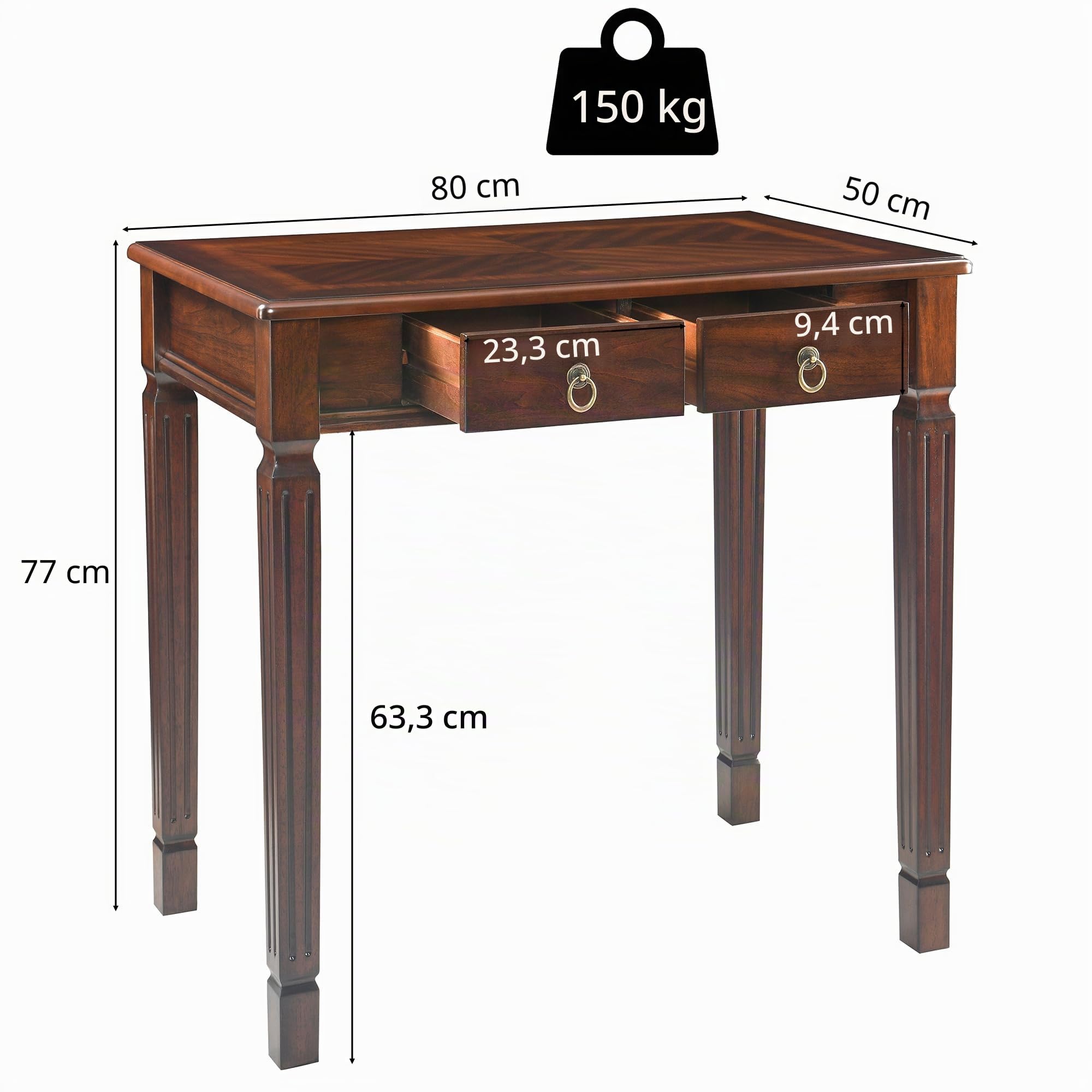 PADMA HOUSE Scrittoio in Legno Massiccio 80cm, Scrivania Vintage con 2 Cassetti, Tavolo da Studio Robusto per Computer e Ufficio, Mobile Salvaspazio Stile Classico