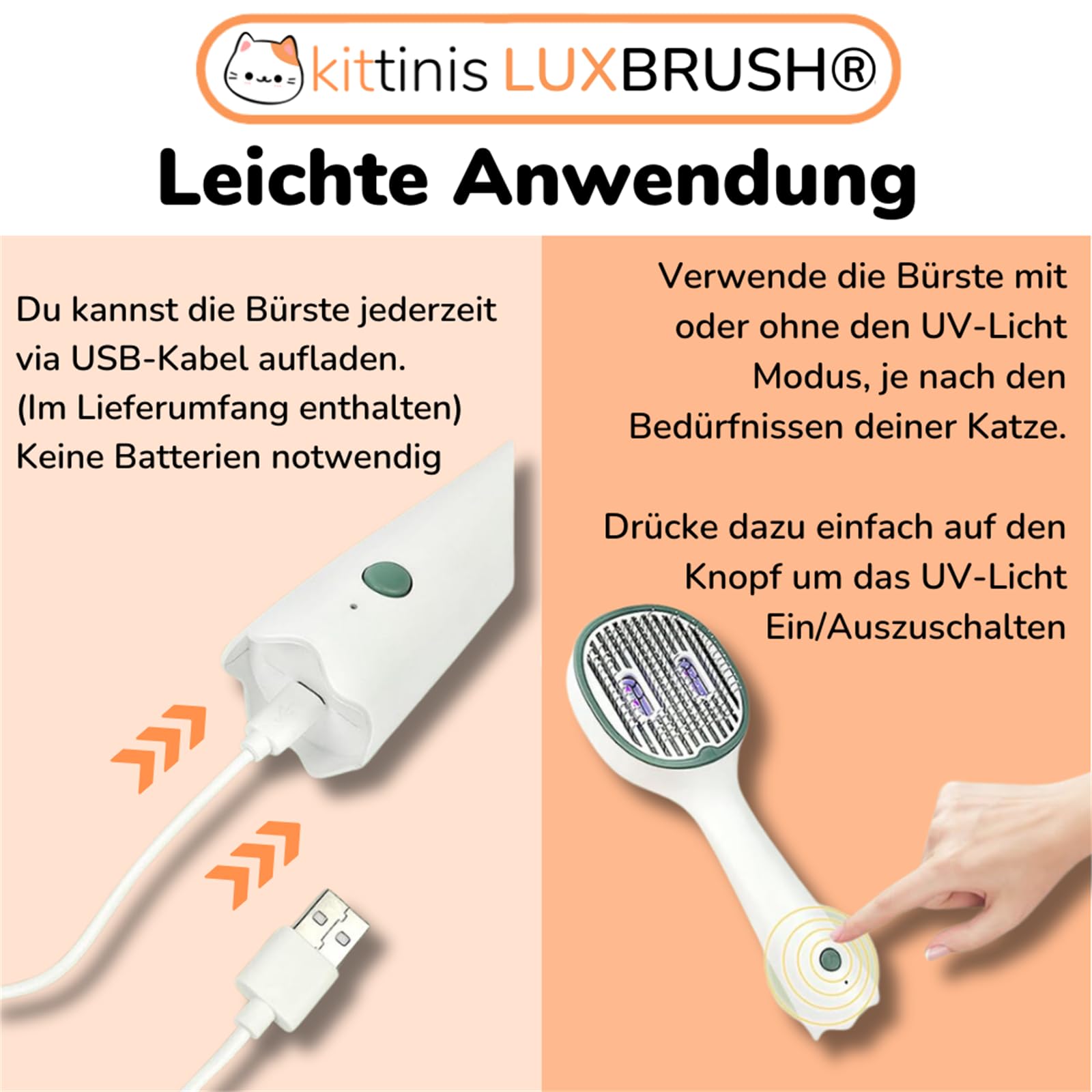 kittinis luxbrush uv zeckenbürste Katzenbürste mit UV Sterilisation Antistatische Entfilzungsbürste für Hunde und Katzen, One Touch Reinigung, tragbar und leicht