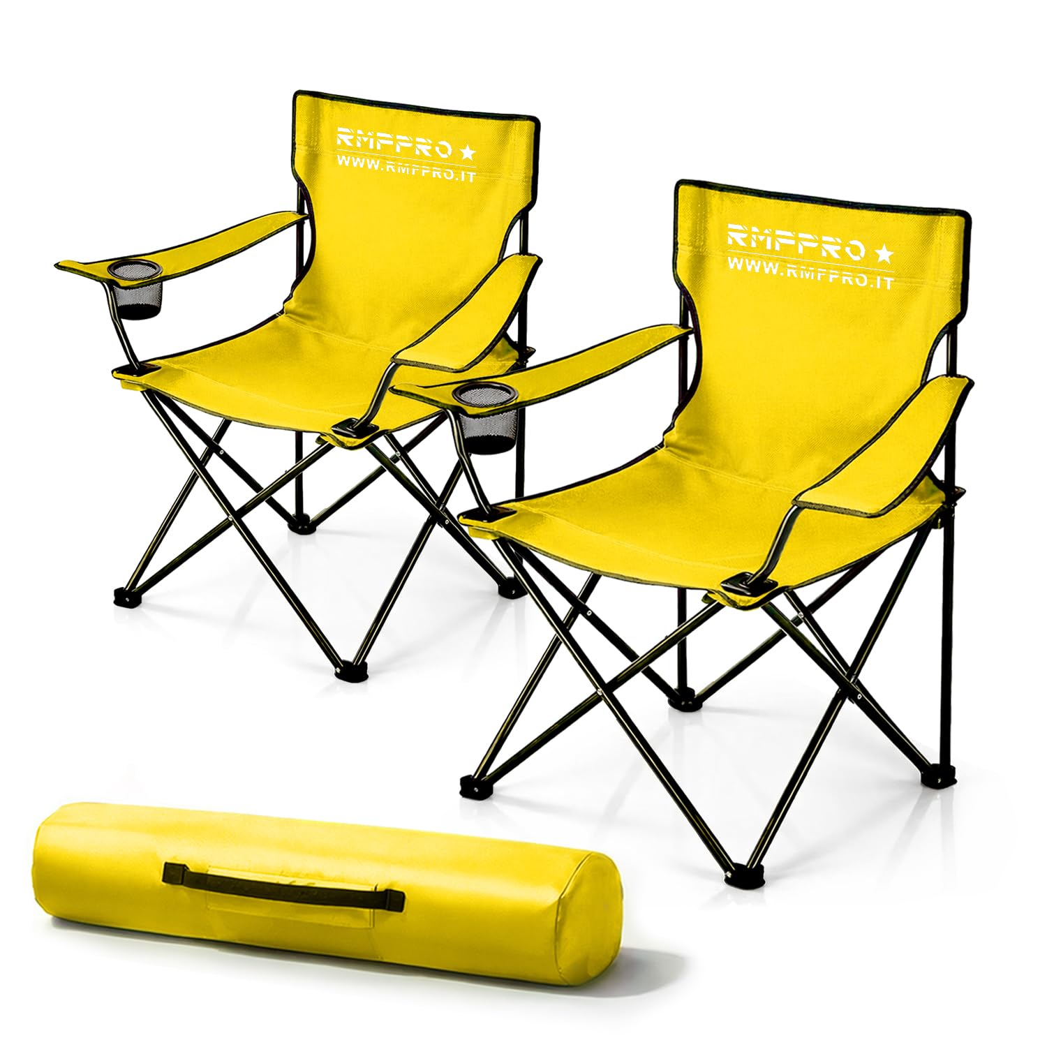 RMF PRO Set of 2 Folding Camping Chairs with Comfortable and Relaxing Seat, Portable Beach Chair with Cup Holder - Sea and Garden Chair, Lightweight Transportable Outdoor Chair Yellow