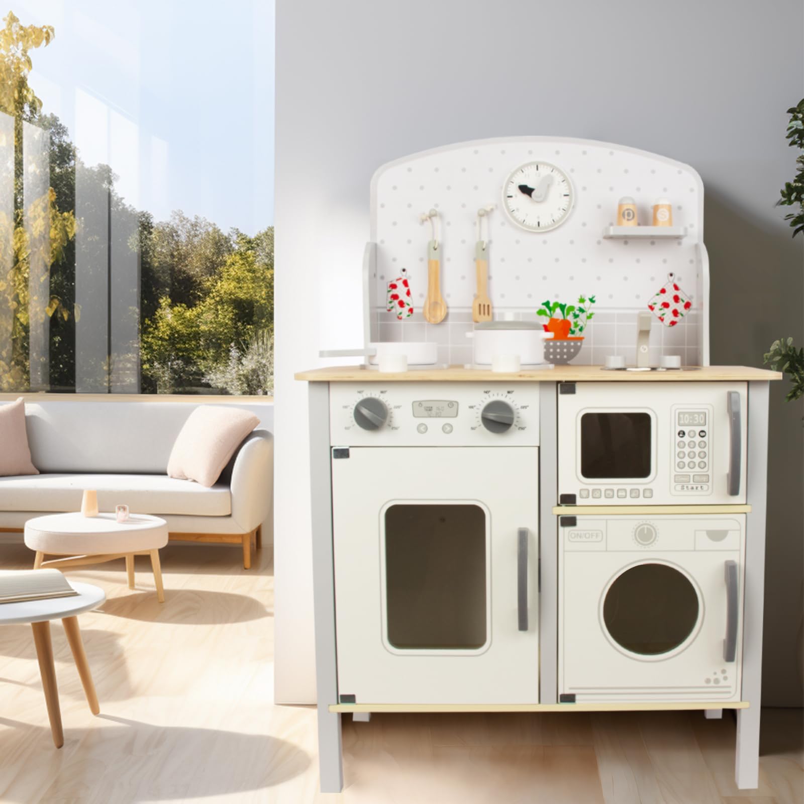WOODENFUN Cucina giochi per bambini 3-8, in legno per bambini che giocano cucina Playset Chef Pretend Play Set per bambini piccoli, giocattoli da cucina regali per ragazzi ragazze (bianco)