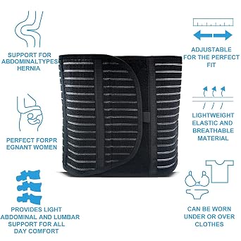 Abdominal Binder with 2pcs Different Hardness Compression Pad, Hernia Belt For Women and Men, Abdominal Hernia Binder for Belly Button Navel Hernia Support, Helps Relieve Pain(2XL-3XL), Black