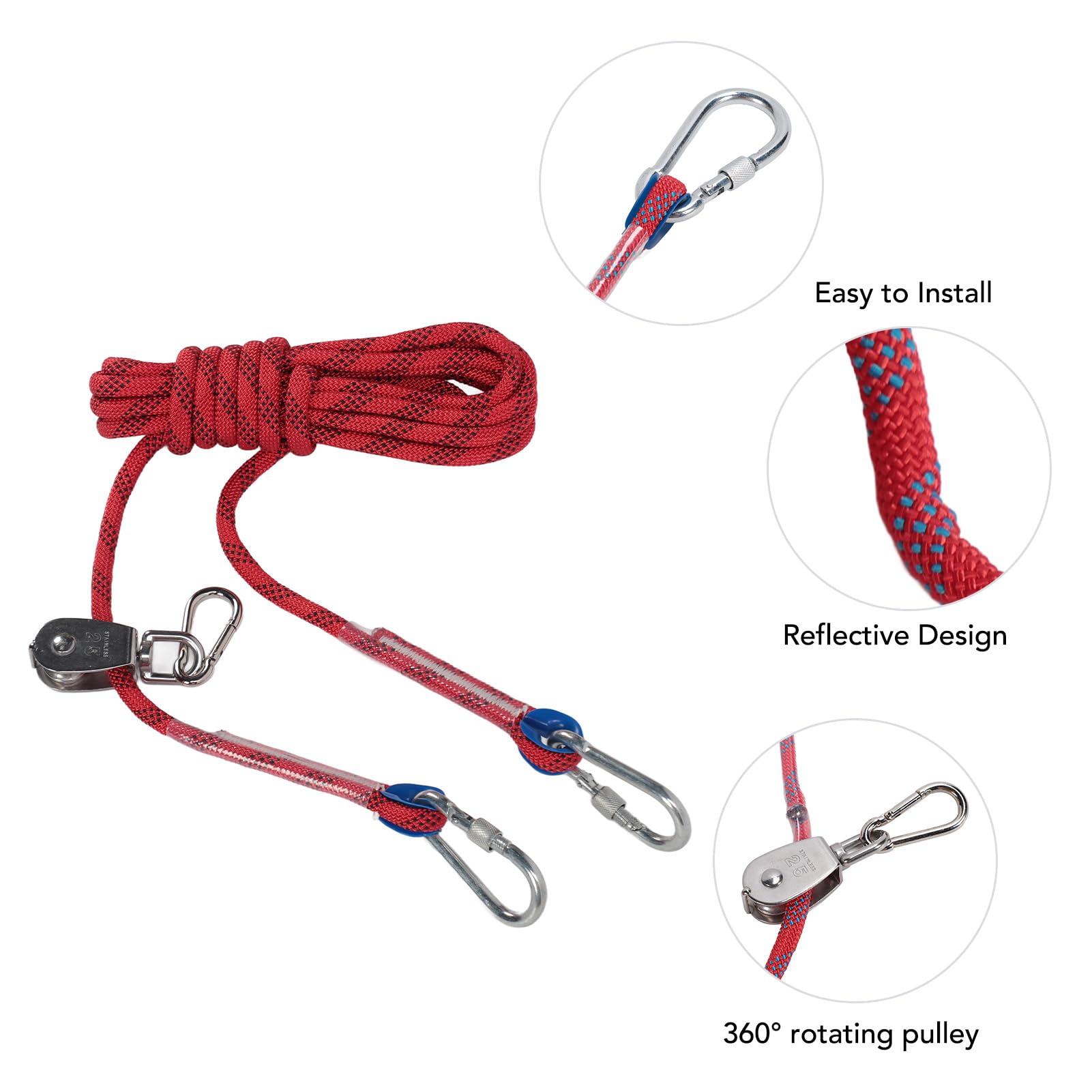 Cavo per Corridore per Cani, di Carrucole con Rotazione a 360 Gradi da 16,4 Piedi di Carrello Portatile Cavo Riflettente per Cani per Esterno per Campeggio (rosso)