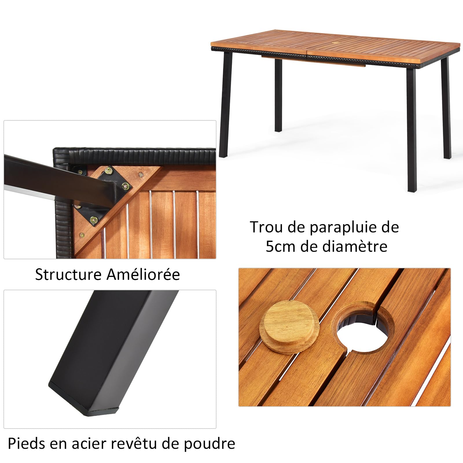 LIFEZEAL Table à Manger en Bois d'Acacia avec Trou de Parasol