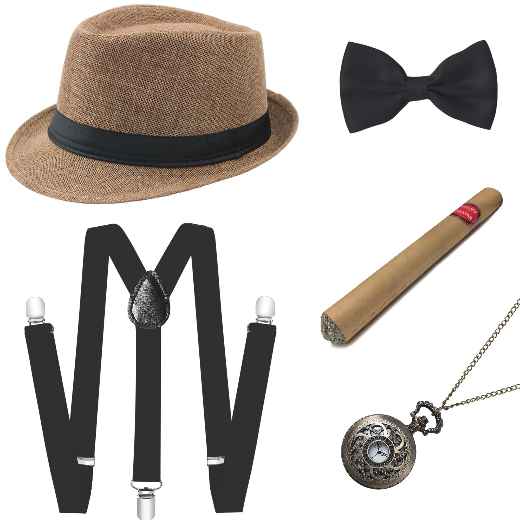 BABEYOND 1920s Mens Gatsby Gangster Accessories Set Panama Hat Suspender Bow Tie