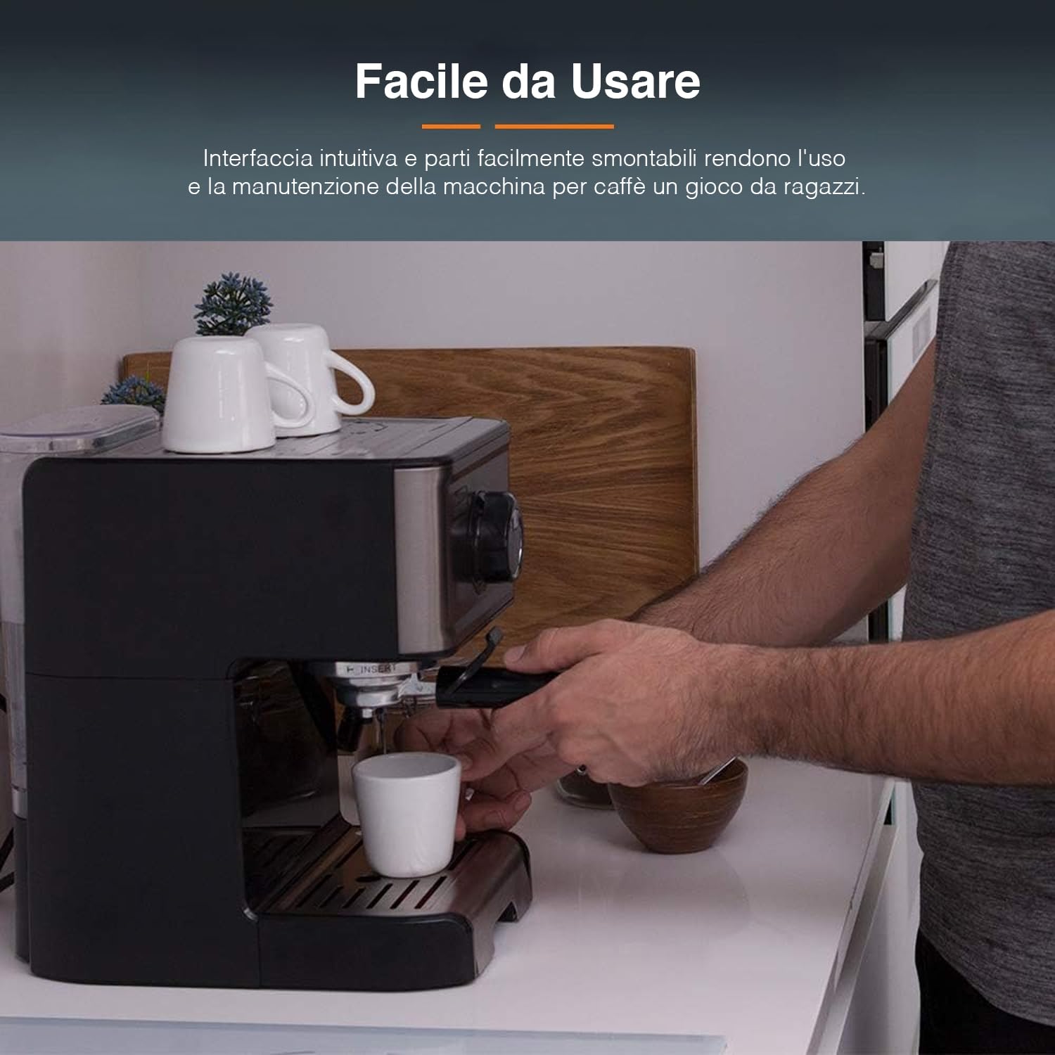 Avilia Macchina per Caffè Espresso Compatibile con Cialde e Caffè Macinato - per 1 o 2 Tazze con Frullino Montalatte, in Acciaio Inox, 32x19.3x31.5cm, 1200W, 15bar, Nero