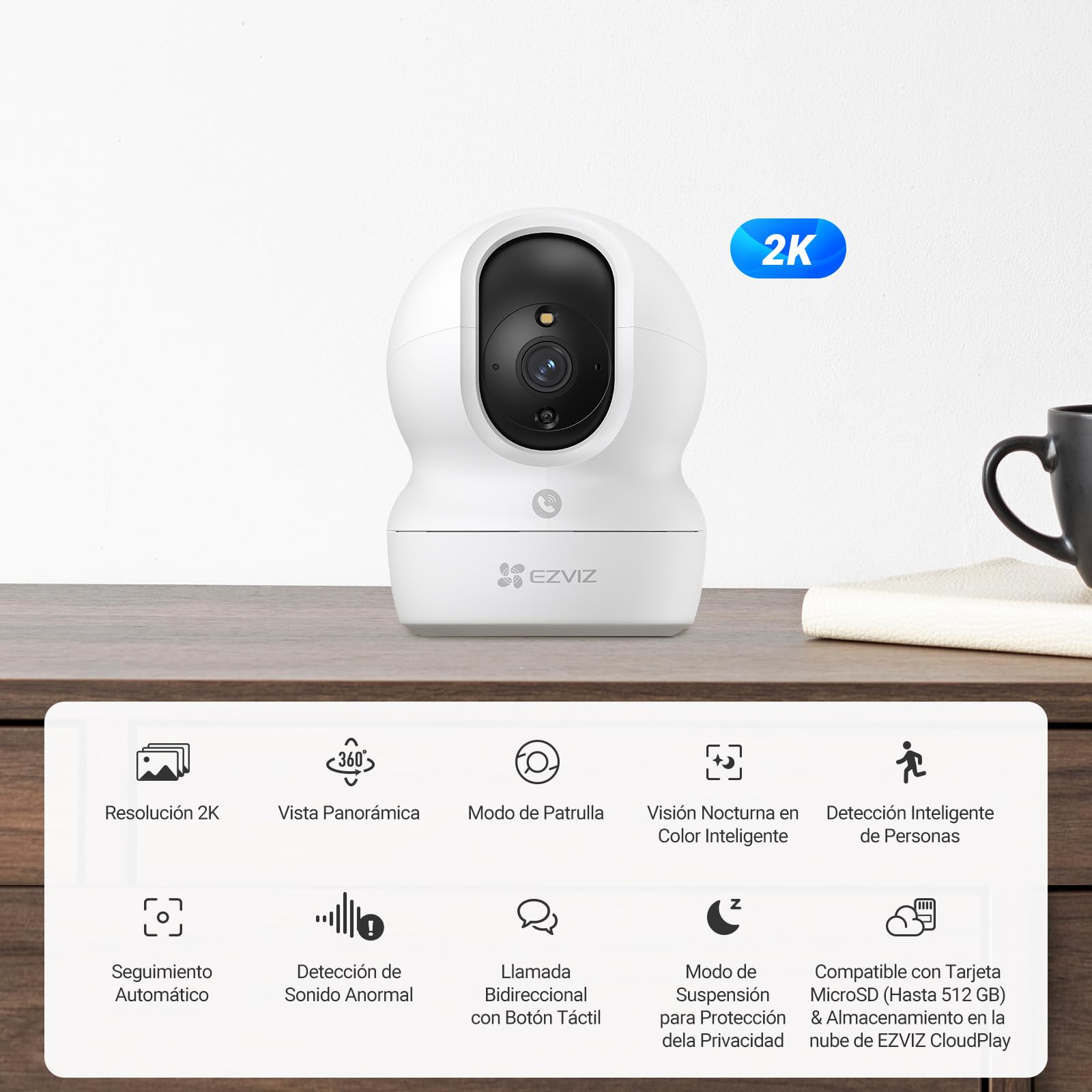 EZVIZ 2pk CP1 2K Camara Vigilancia WiFi Interior con Seguimiento Automático, Cámara IP Domicilio WiFi 360° para Bebe con Visión Nocturna Color, Detección Humana, Llamada Bidireccional, Soporta 512GB