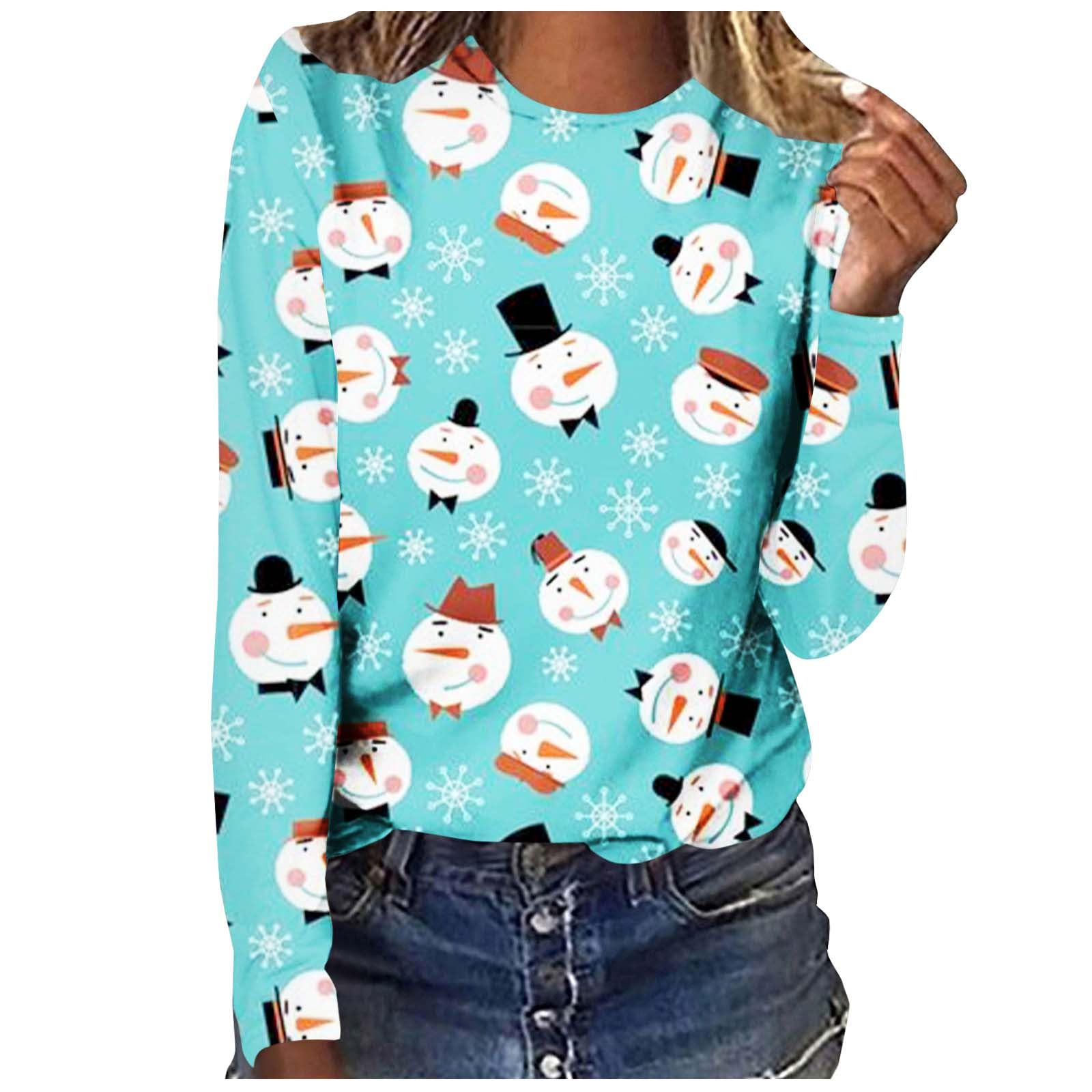 Women Christmas Long Sleeve Shirts Cute Winter Tops Fashion Fall 2023 Tunic Blouse Round Neck Tees T-Shirt