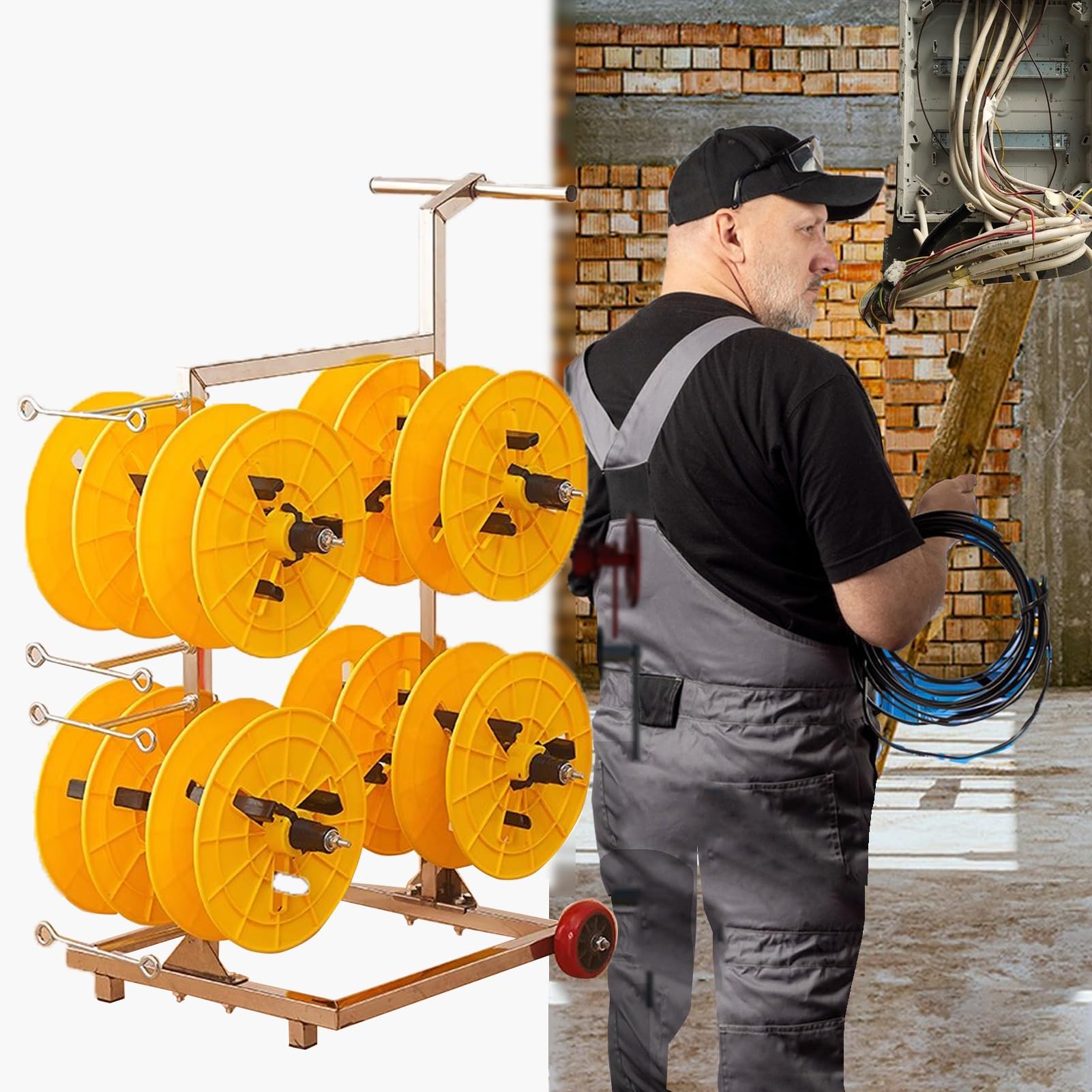 Bobina di filo resistente con assi regolabili e anelli per cavi per una gestione efficiente dei cavi in officine e cantieri, bobina gialla-8