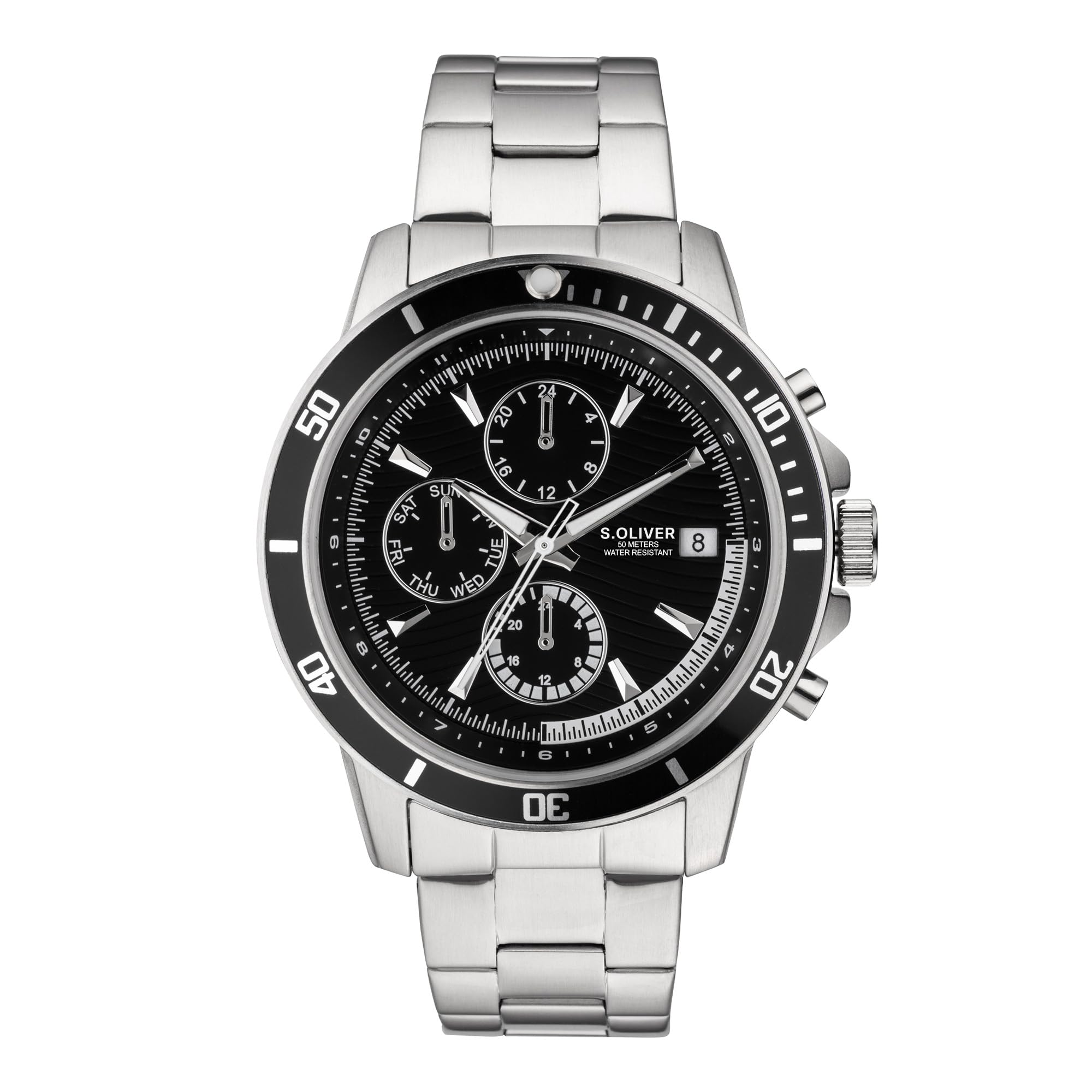 s.Oliver Men's Watch, Round, Silver, 42 mm, Metal Watch with Quartz Movement on Stainless Steel Strap with Folding Clasp, Analogue Watch, 5 ATM Waterproof, Scratch-Resistant