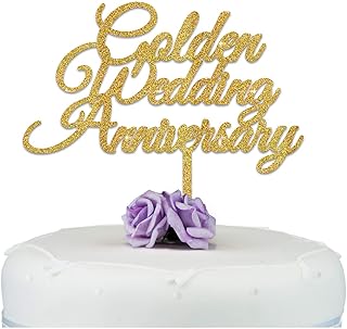 Golden Wedding Anniversary Cake Topper - Silver Pearl Ruby Diamond Wedding Anniversary Cake Decoration - 10th 25th 30th 40th 50th 60th Anniversary Cake Topper - Glitter Acrylic Cake Topper