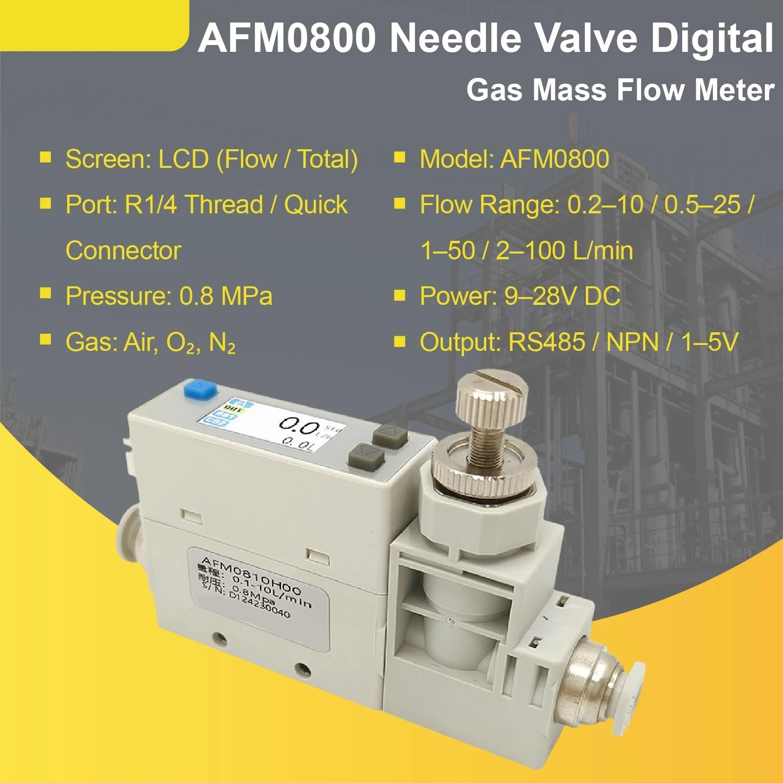 Medidor digital de flujo másico para nitrógeno y oxígeno con válvula de aguja RS485, salida NPN de 1-5 V, medición y control de precisión, ideal para aplicaciones industriales