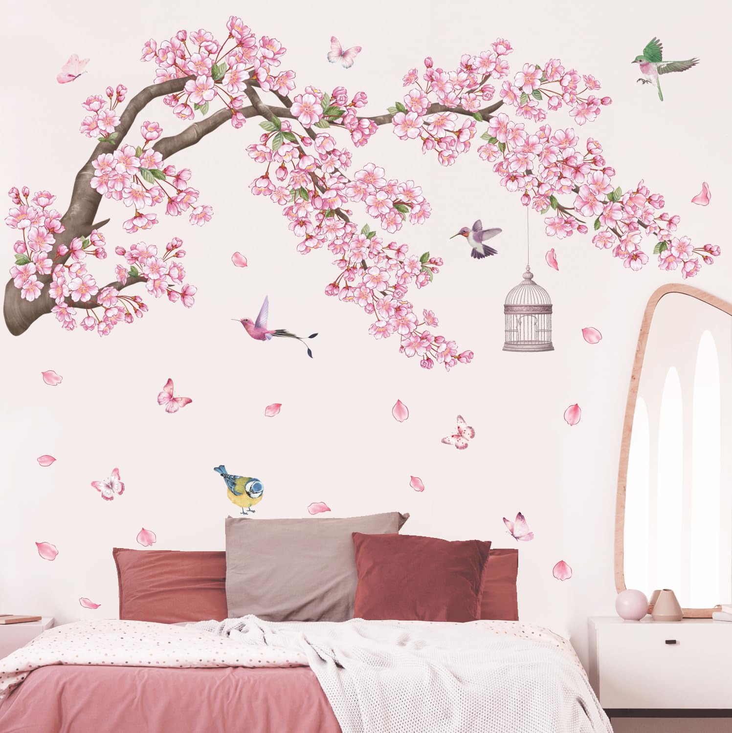 DECOWALL Cherry Blossom Tree Wall Stickers Pink Flower Branch Birds Wall Decals Bedroom Living Room Sofa TV Background Home Décor (SG2-2426) - Image 2