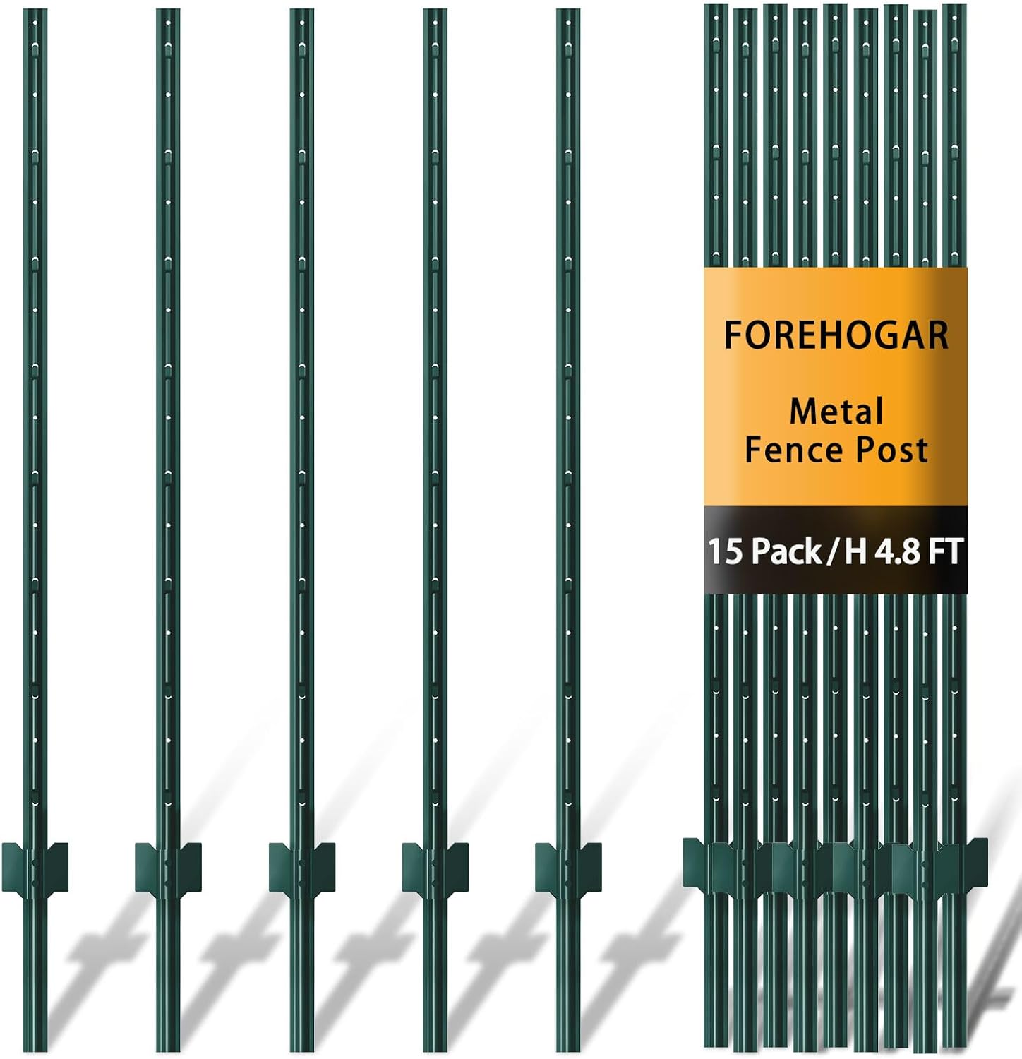 Metal Fence Post Green 4.8 feet, Pack of 15, T Post for Wire Fence, No Dig Steel U Posts Fencing for Lawn Garden Wire Mesh Fences Poles Sign Outdoor Light Duty