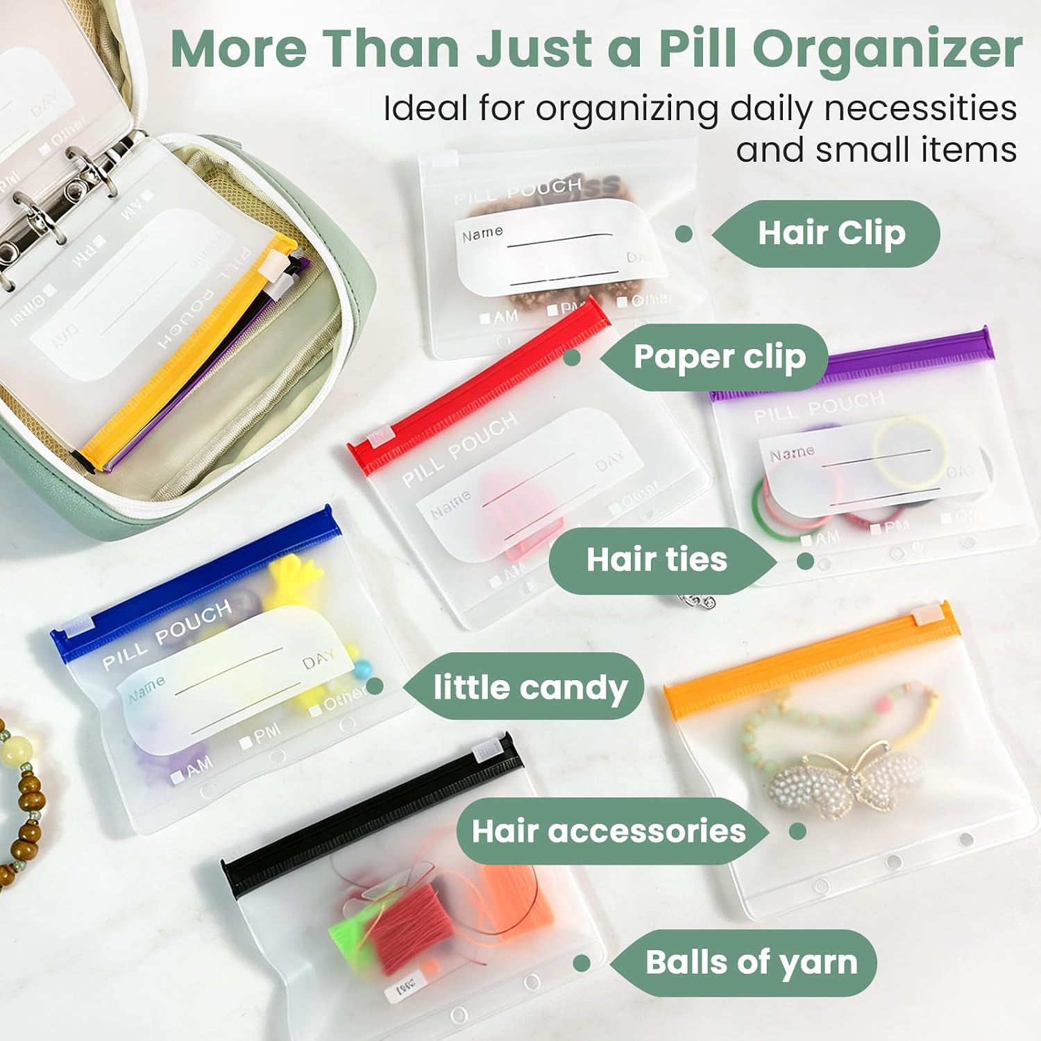 A8 Waterproof Pill Pouch Set, Large 14 Day Pill Organizer with Color Coded Zipper Pouches for Travel, Reusable Medicine Organizer for Vitamins & Fish Oils, Perfect Pill Case for Purse