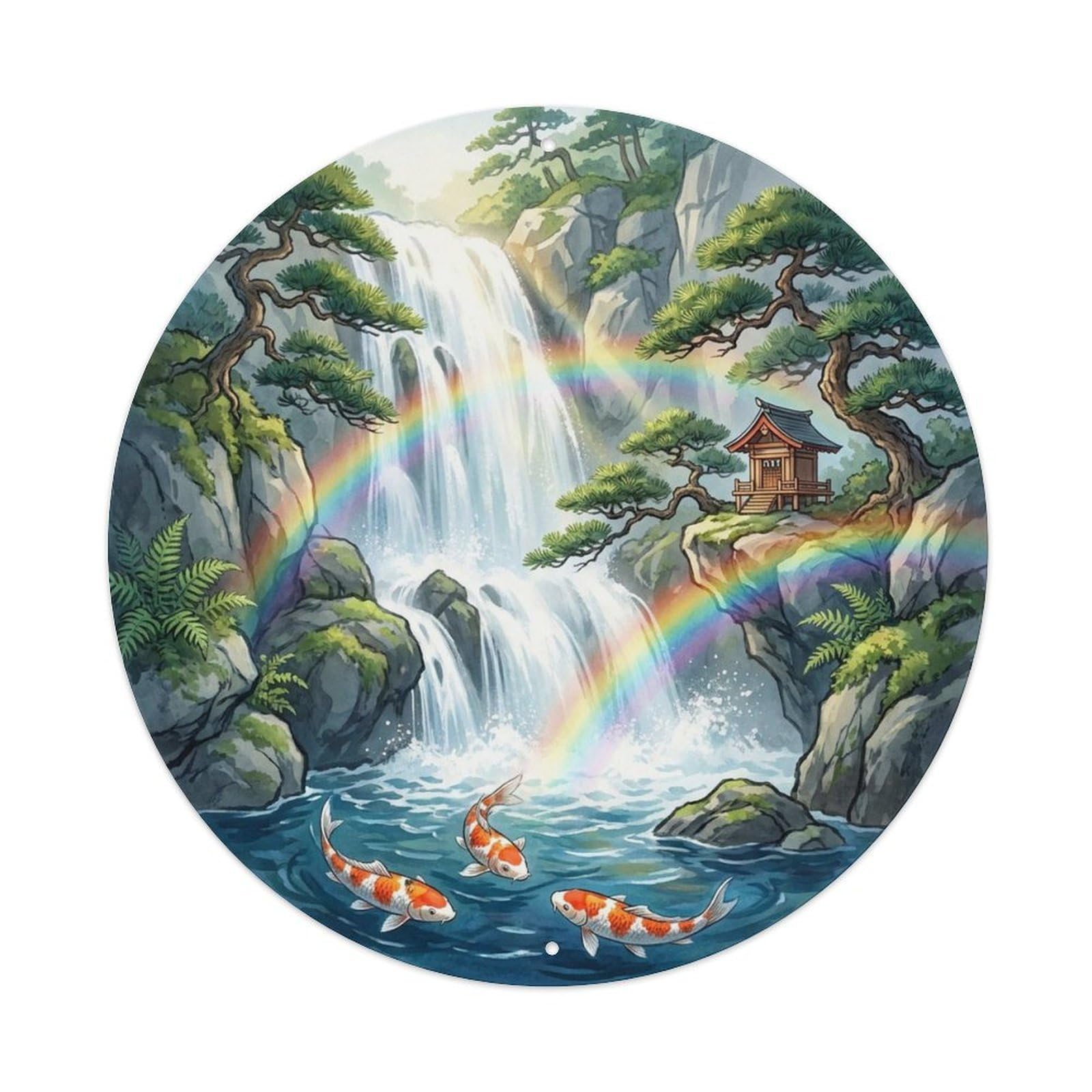 Olyhtr 8X8inch Classic Style Waterfall Koi Pond Water Garden Mist Rainbow Vintage Metal Tin Sign