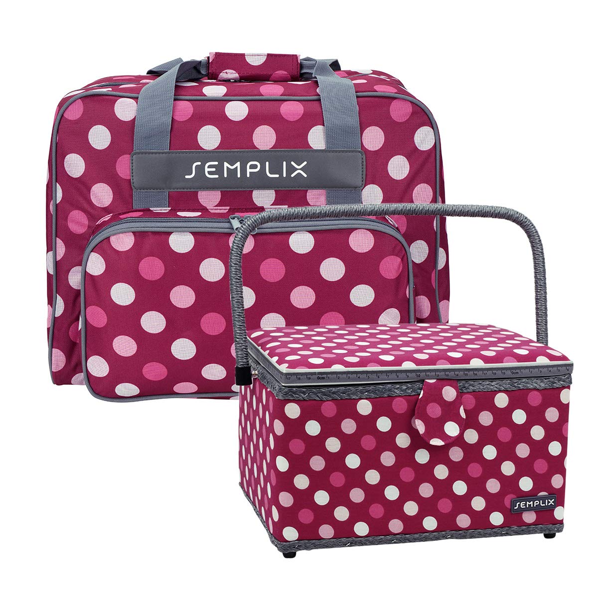 SEMPLIX Bundle Polka Dots torba na maszynę do szycia + kosz do szycia L (jagoda/różowa)
