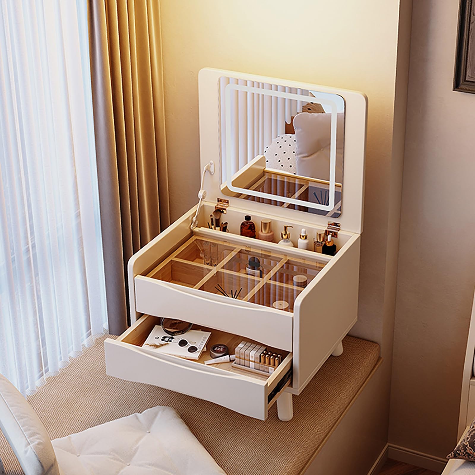 Amazon｜BAYTEWJX 小型化粧台デスク、鏡とライト付き化粧台、3つの照明